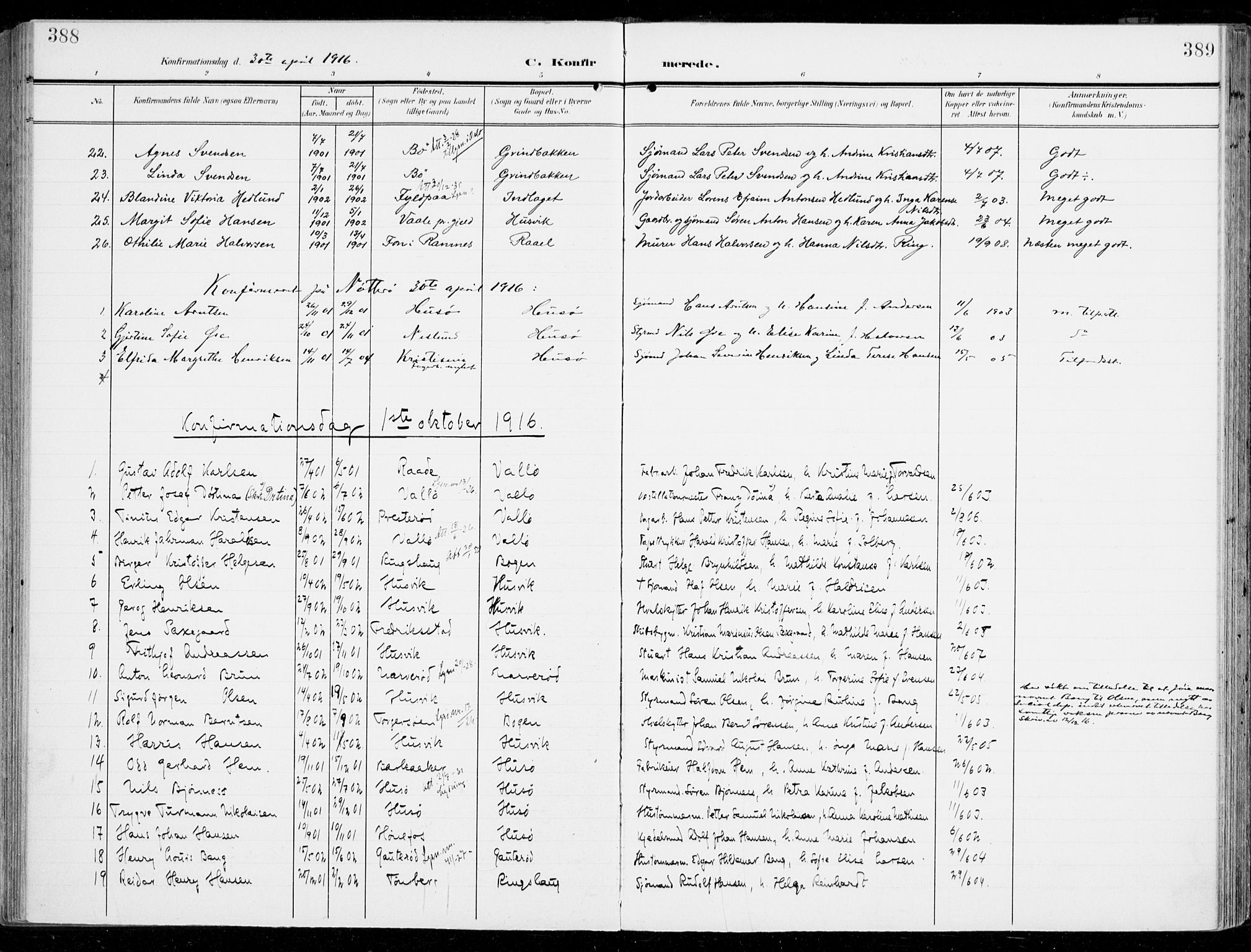 Sem kirkebøker, SAKO/A-5/F/Fb/L0006: Parish register (official) no. II 6, 1905-1918, p. 388-389