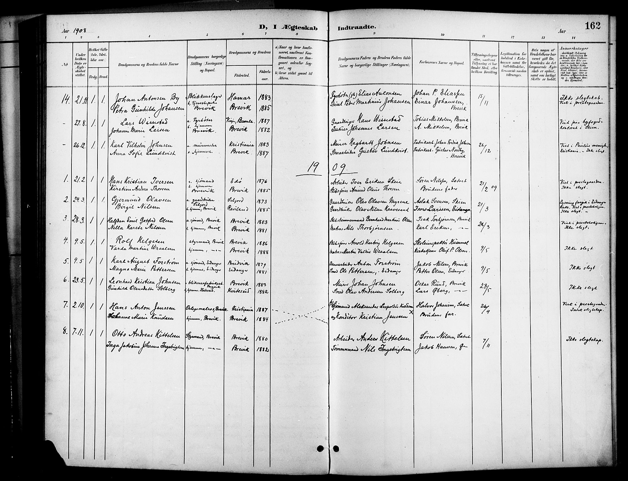 Brevik kirkebøker, SAKO/A-255/G/Ga/L0005: Parish register (copy) no. 5, 1901-1924, p. 162