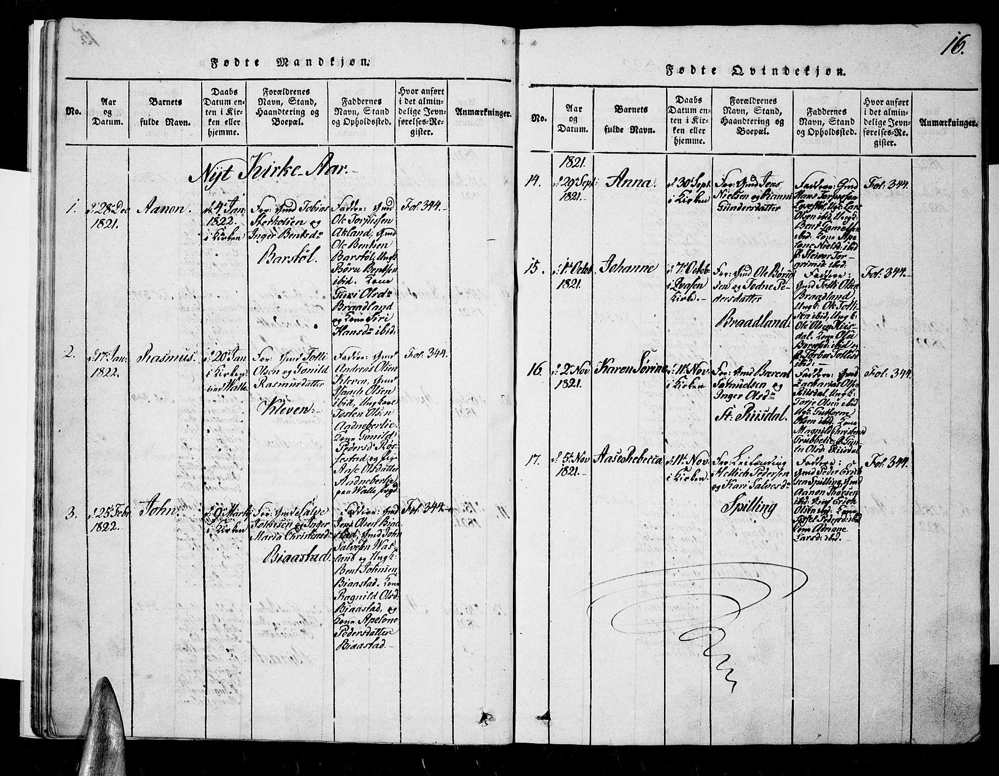 Nord-Audnedal sokneprestkontor, SAK/1111-0032/F/Fa/Fab/L0001: Parish register (official) no. A 1, 1816-1858, p. 16