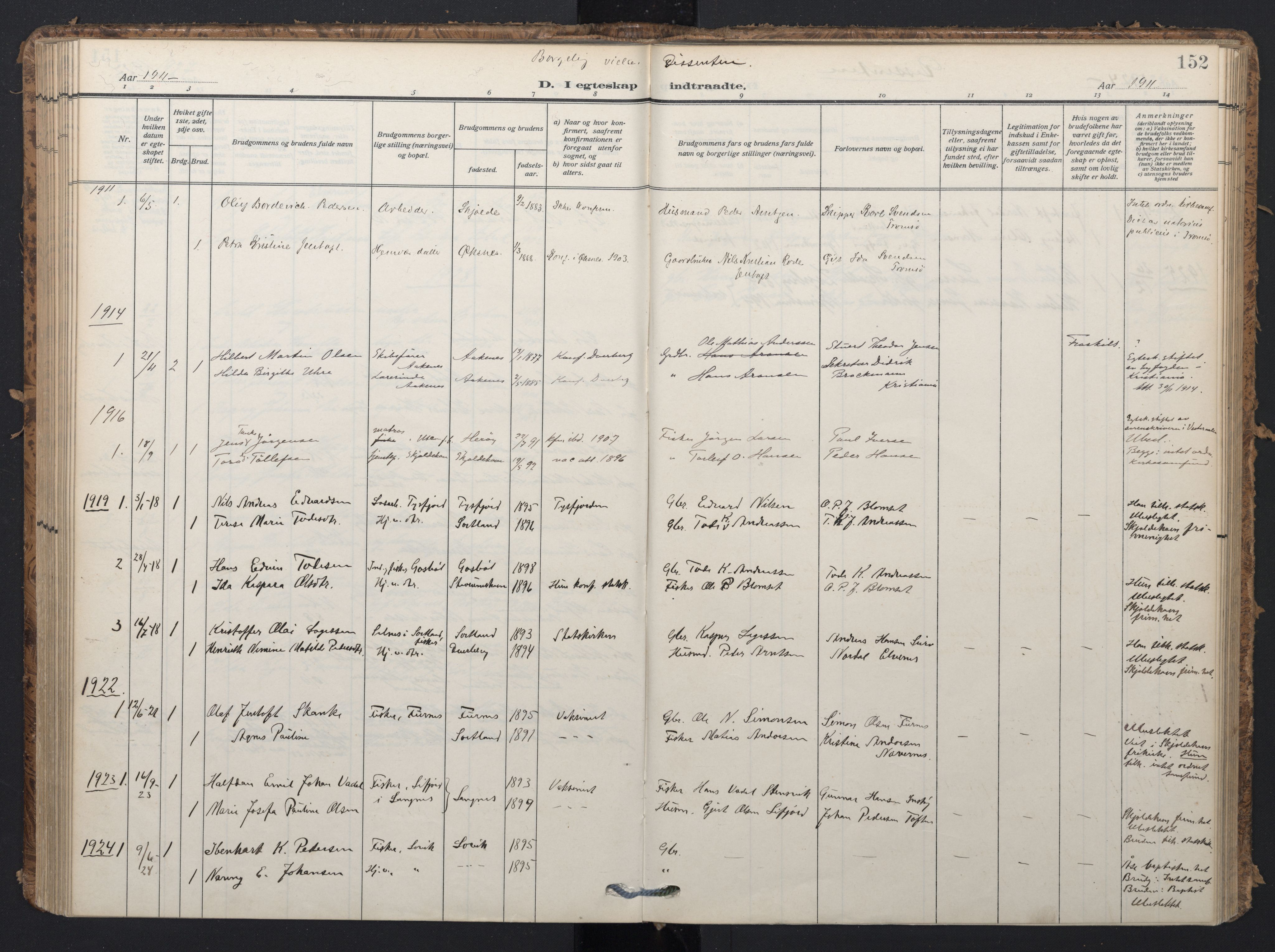 Ministerialprotokoller, klokkerbøker og fødselsregistre - Nordland, SAT/A-1459/898/L1423: Parish register (official) no. 898A03, 1909-1928, p. 152