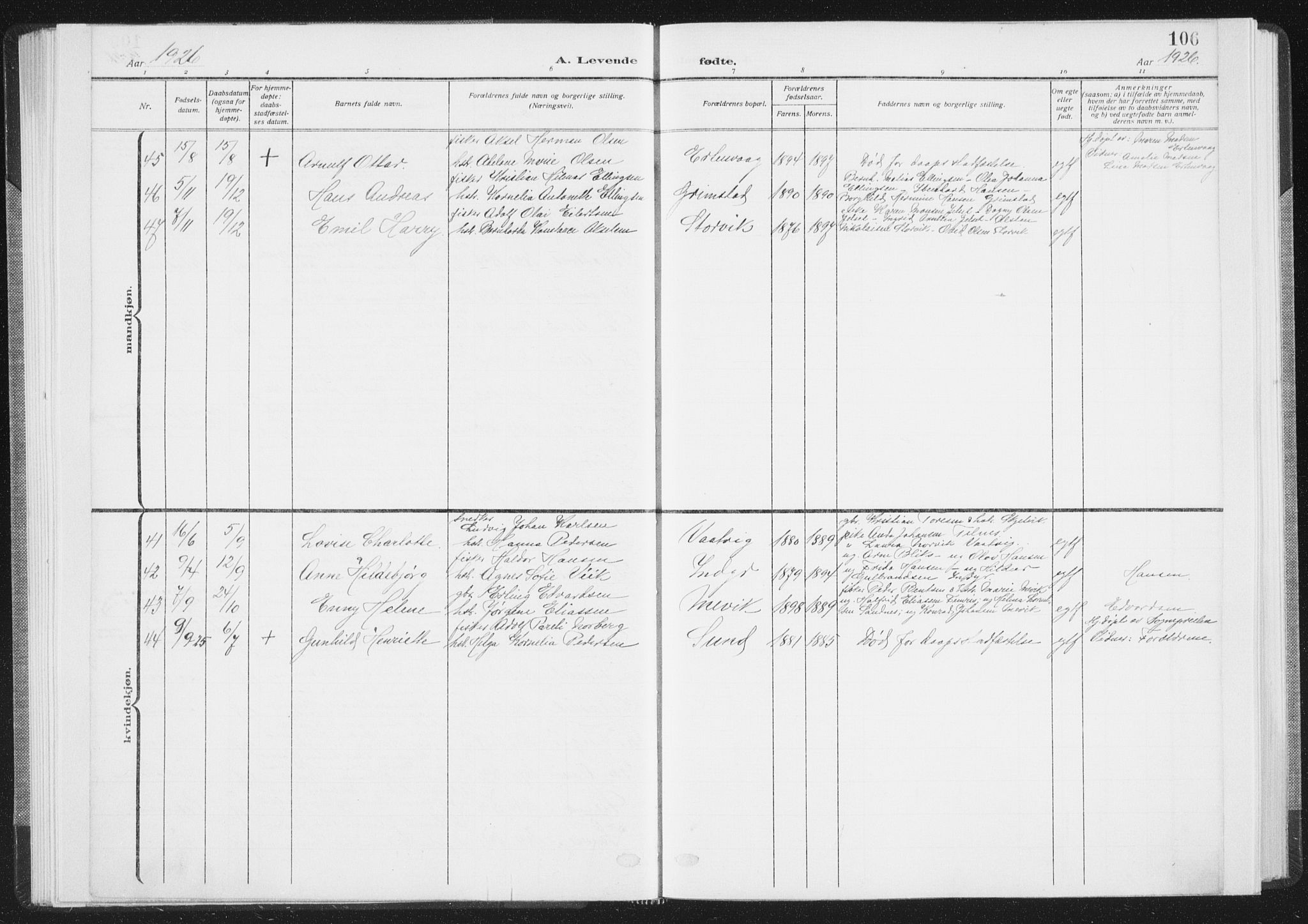 Ministerialprotokoller, klokkerbøker og fødselsregistre - Nordland, AV/SAT-A-1459/805/L0104: Parish register (official) no. 805A09, 1909-1926, p. 106