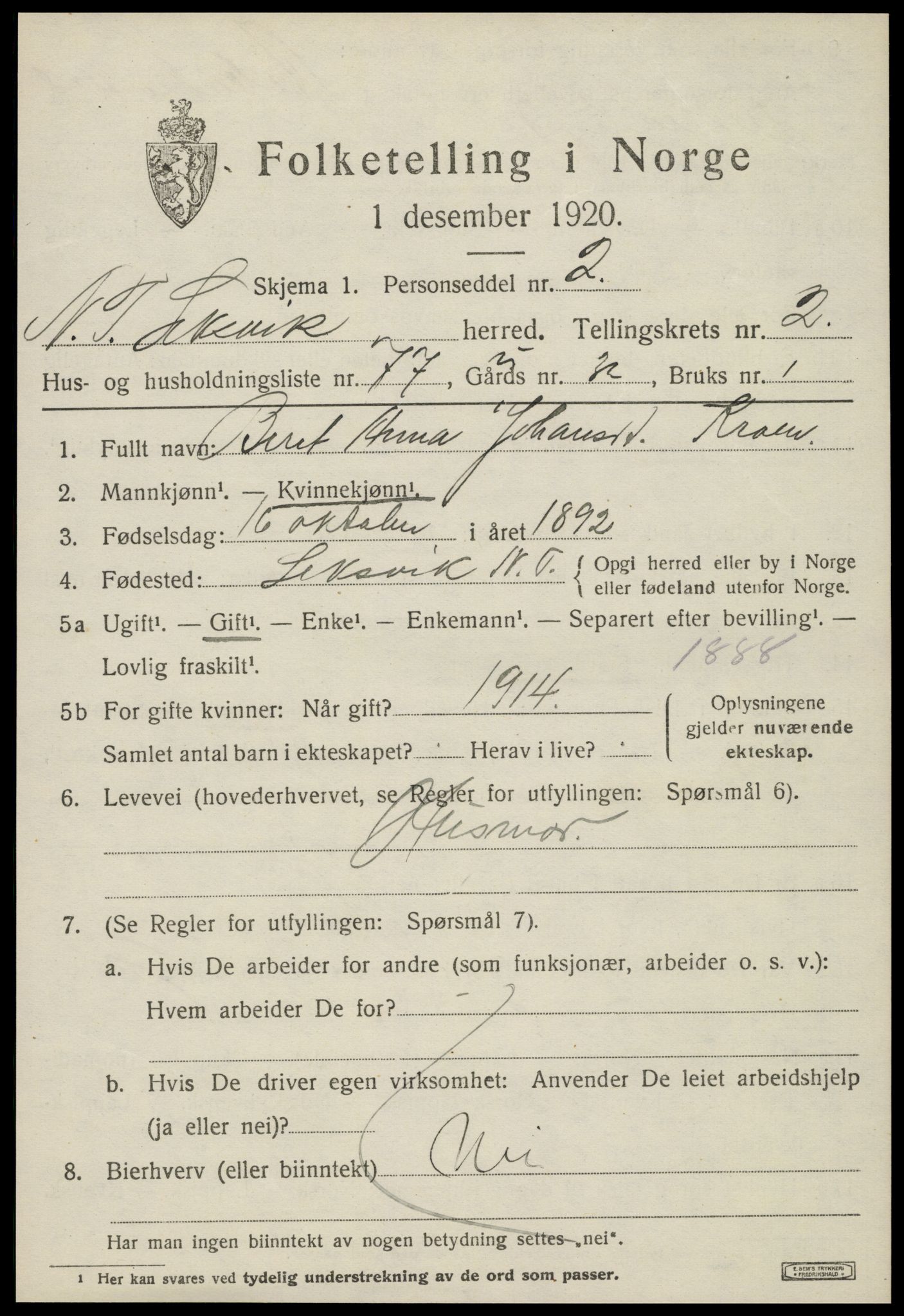 SAT, 1920 census for Leksvik, 1920, p. 2664