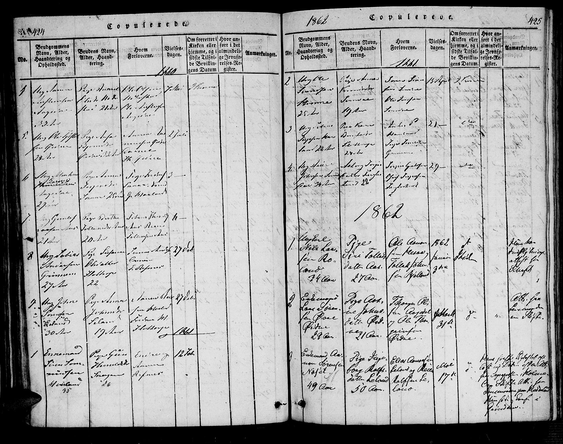 Bjelland sokneprestkontor, SAK/1111-0005/F/Fa/Fac/L0001: Parish register (official) no. A 1, 1815-1866, p. 424-425
