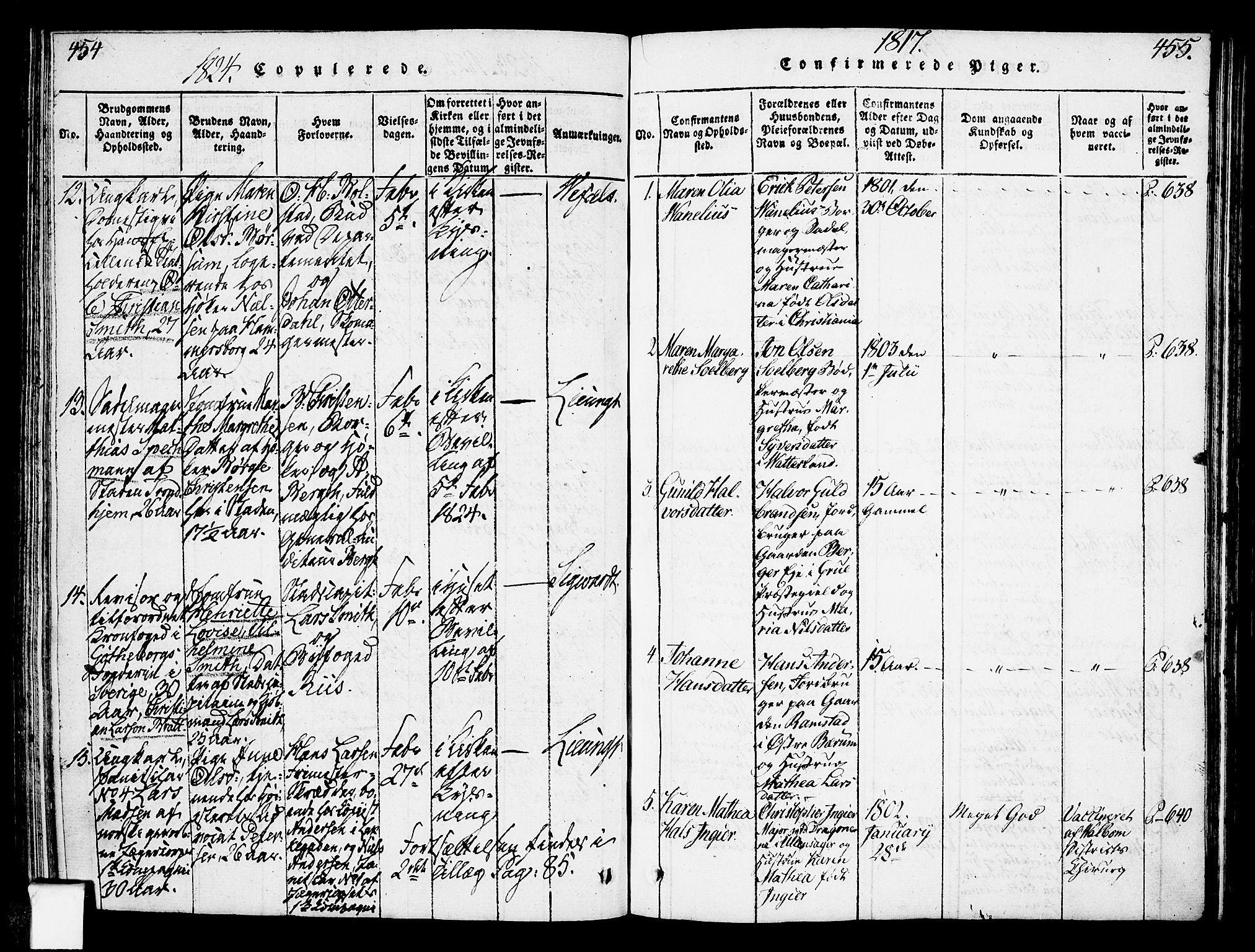 Oslo domkirke Kirkebøker, SAO/A-10752/F/Fa/L0007: Parish register (official) no. 7, 1817-1824, p. 454-455