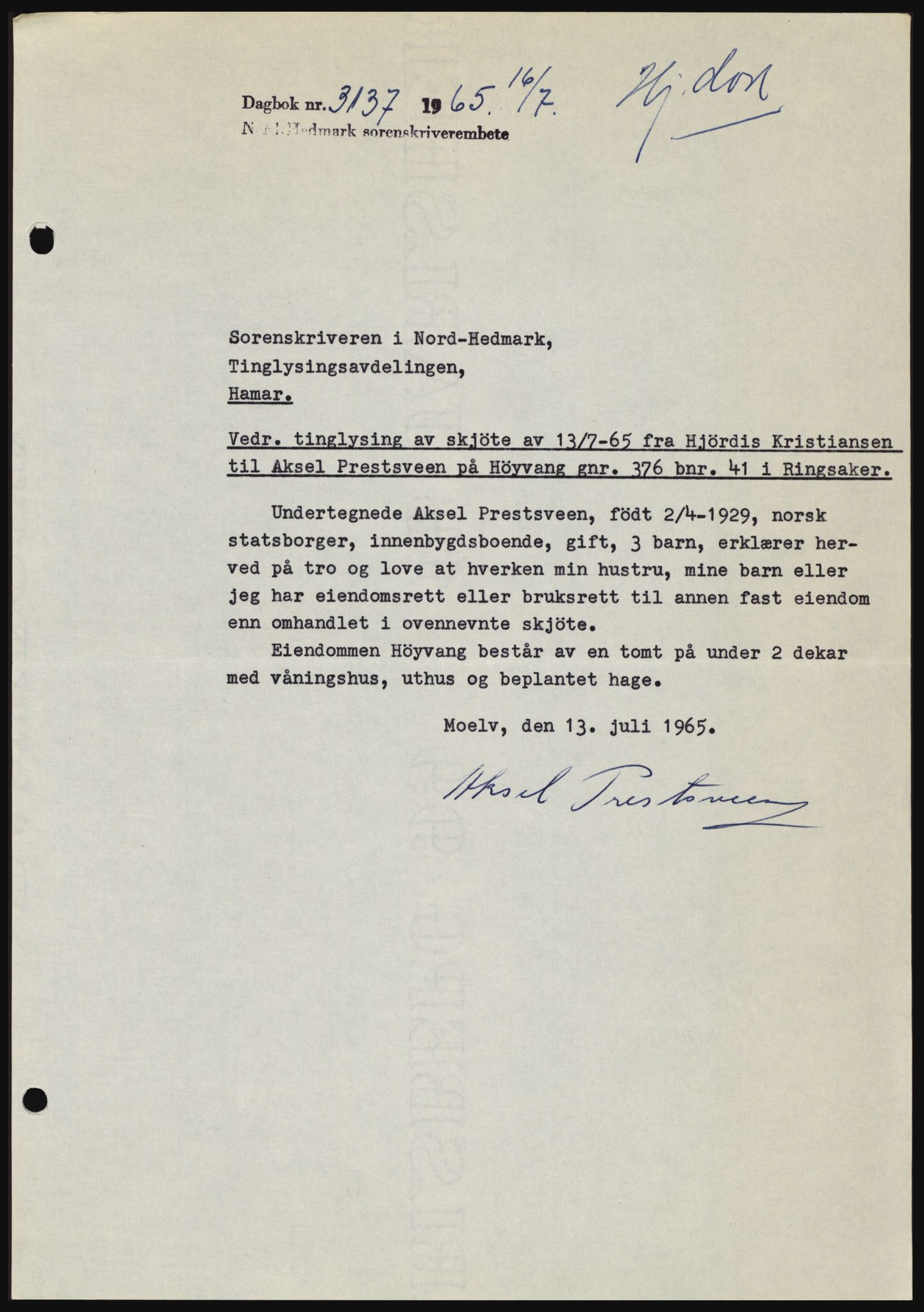 Nord-Hedmark sorenskriveri, SAH/TING-012/H/Hc/L0022: Mortgage book no. 22, 1965-1965, Diary no: : 3137/1965