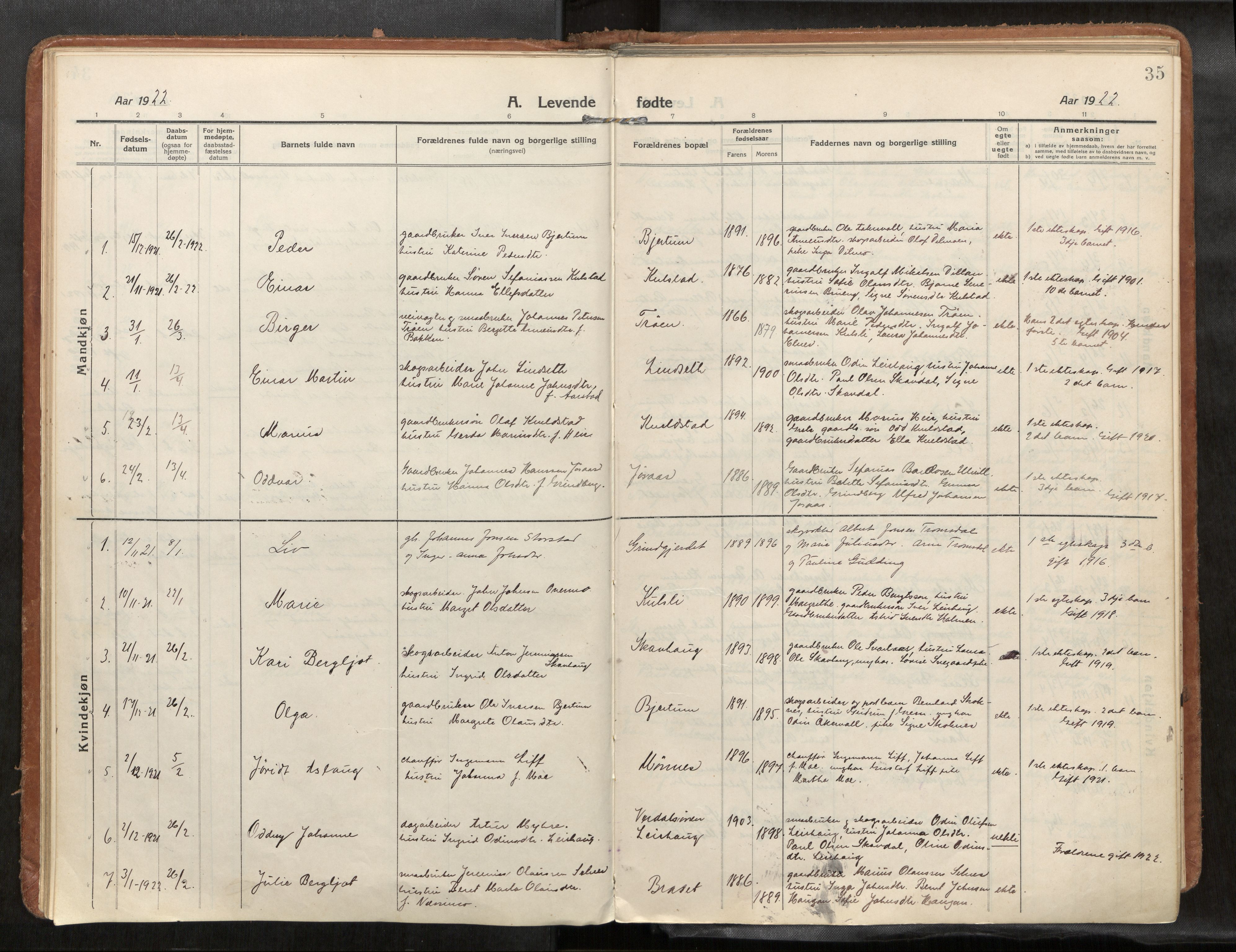 Verdal sokneprestkontor, SAT/A-1156/2/H/Haa/L0004: Parish register (official) no. 4, 1916-1928, p. 35