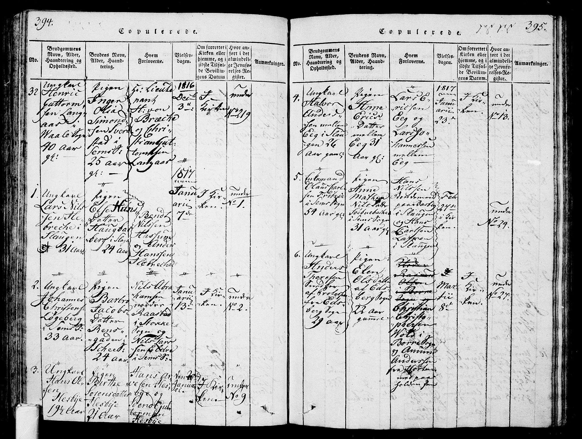 Sem kirkebøker, AV/SAKO-A-5/G/Ga/L0001: Parish register (copy) no. I 1, 1814-1825, p. 394-395