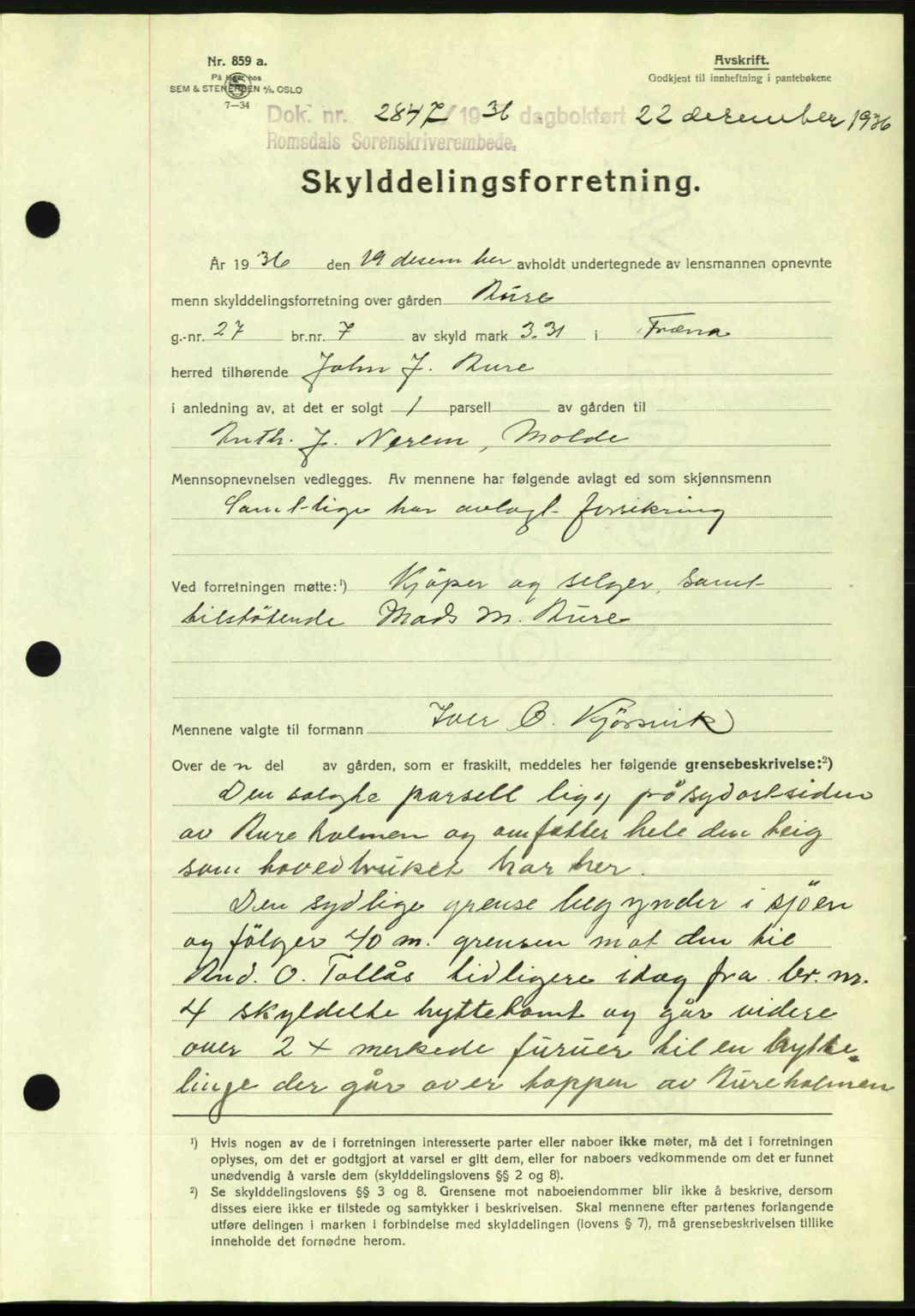 Romsdal sorenskriveri, SAT/A-4149/1/2/2C: Mortgage book no. A2, 1936-1937, Diary no: : 2847/1936