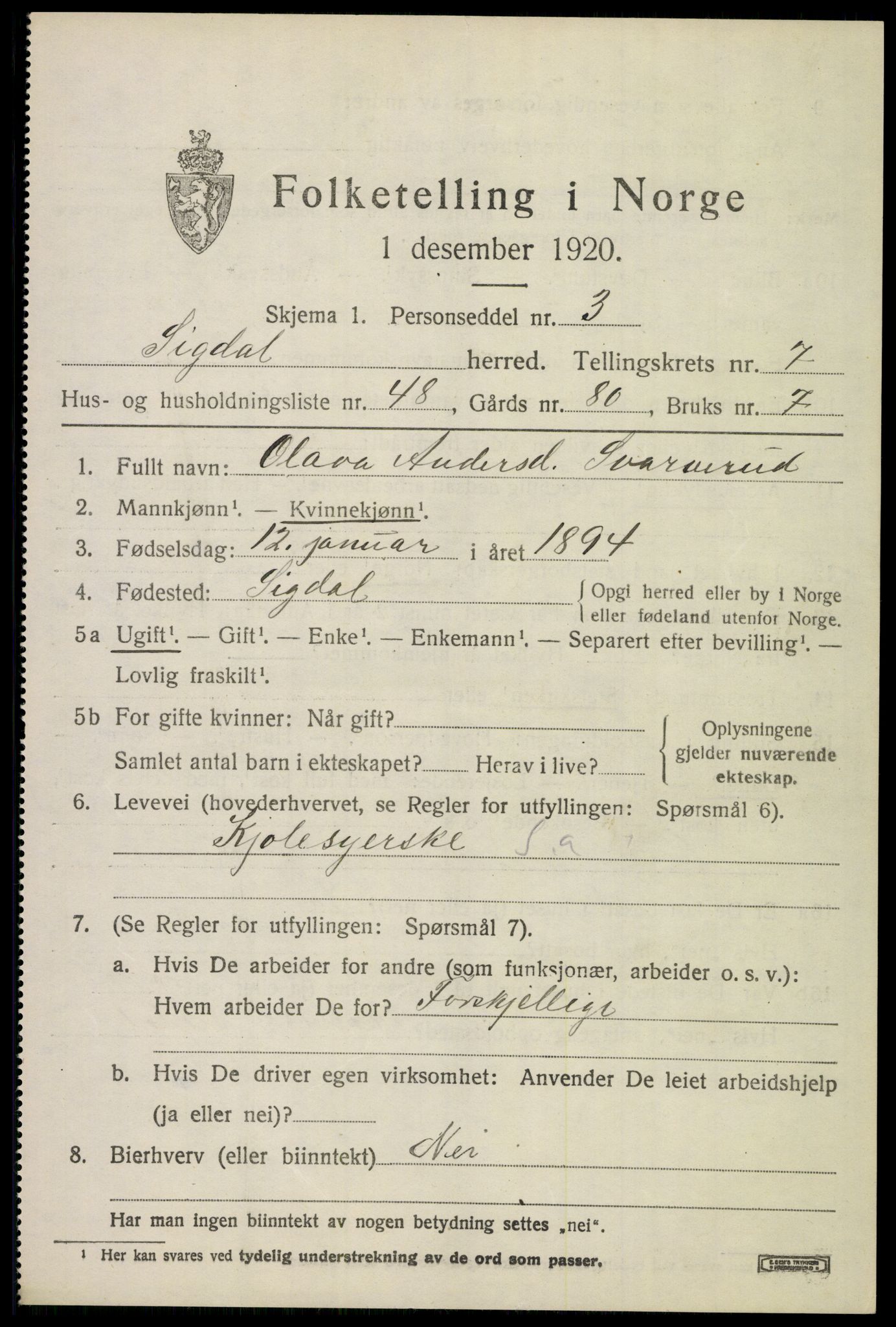 SAKO, 1920 census for Sigdal, 1920, p. 5990