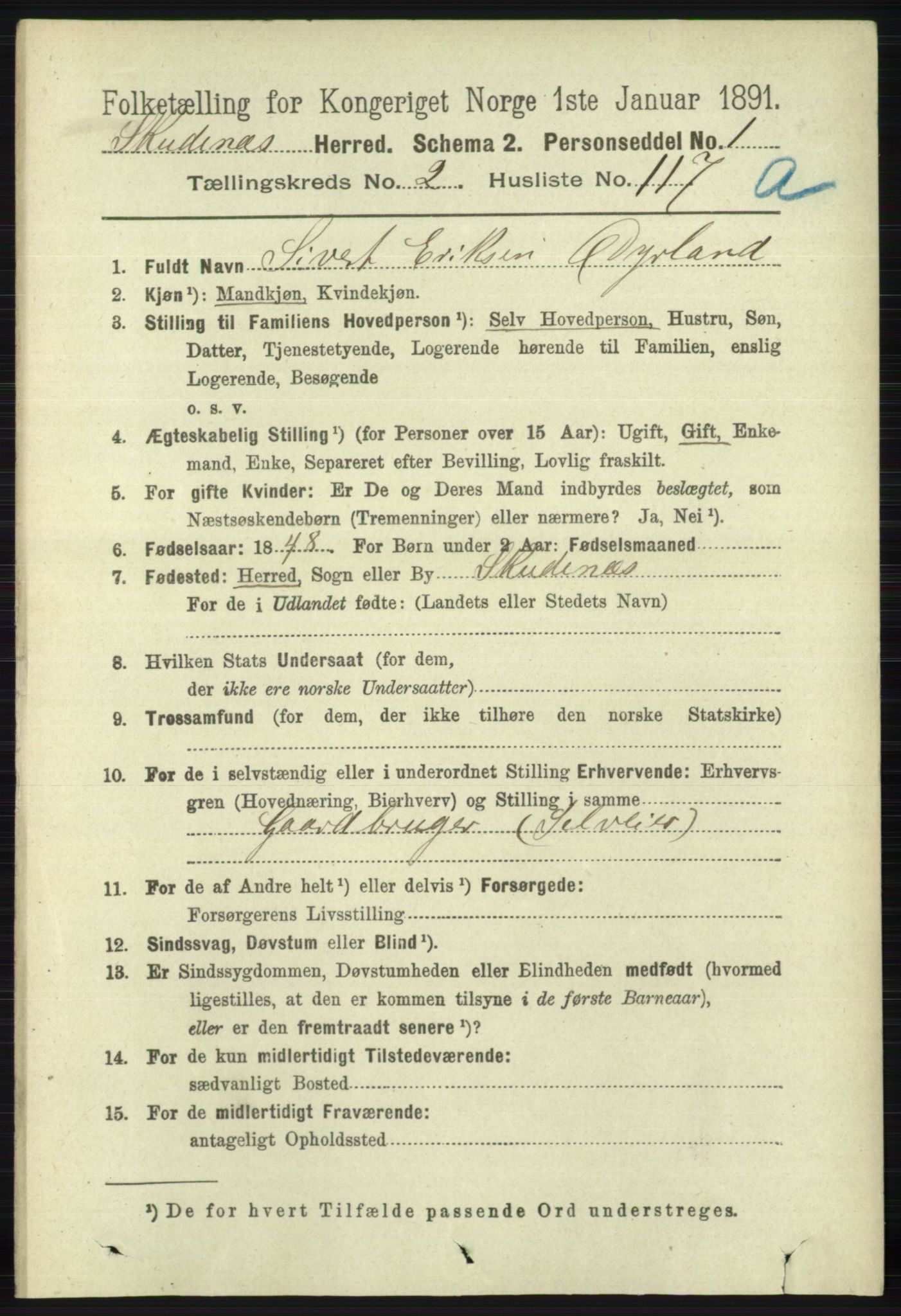 RA, 1891 census for 1150 Skudenes, 1891, p. 1322