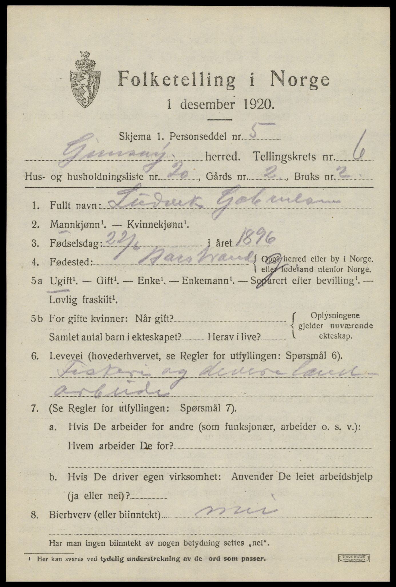 SAT, 1920 census for Gimsøy, 1920, p. 3081