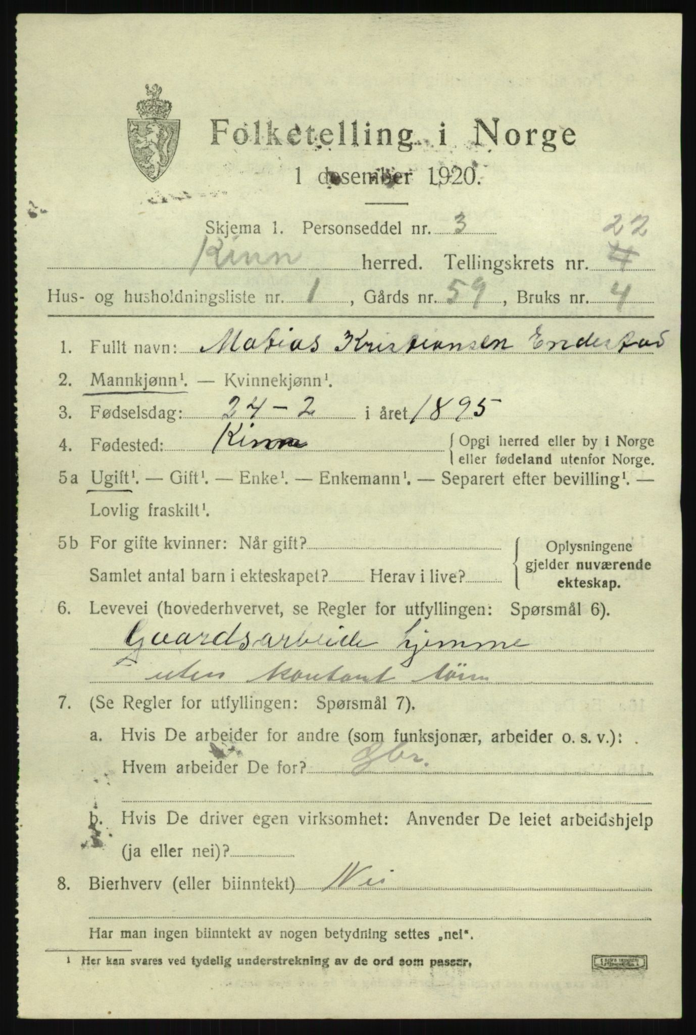 SAB, 1920 census for Kinn, 1920, p. 7885