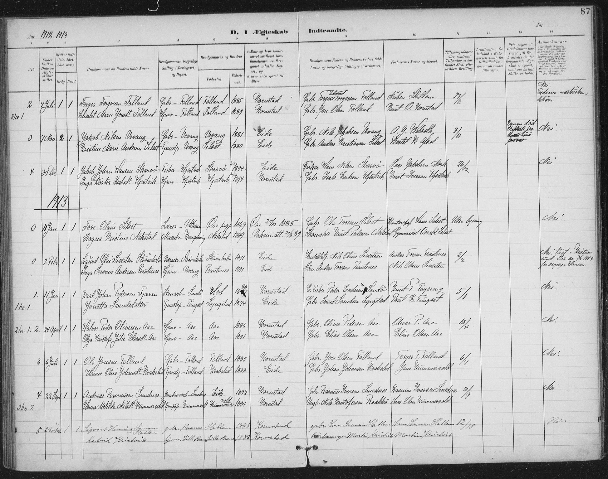 Ministerialprotokoller, klokkerbøker og fødselsregistre - Møre og Romsdal, SAT/A-1454/570/L0833: Parish register (official) no. 570A07, 1901-1914, p. 87