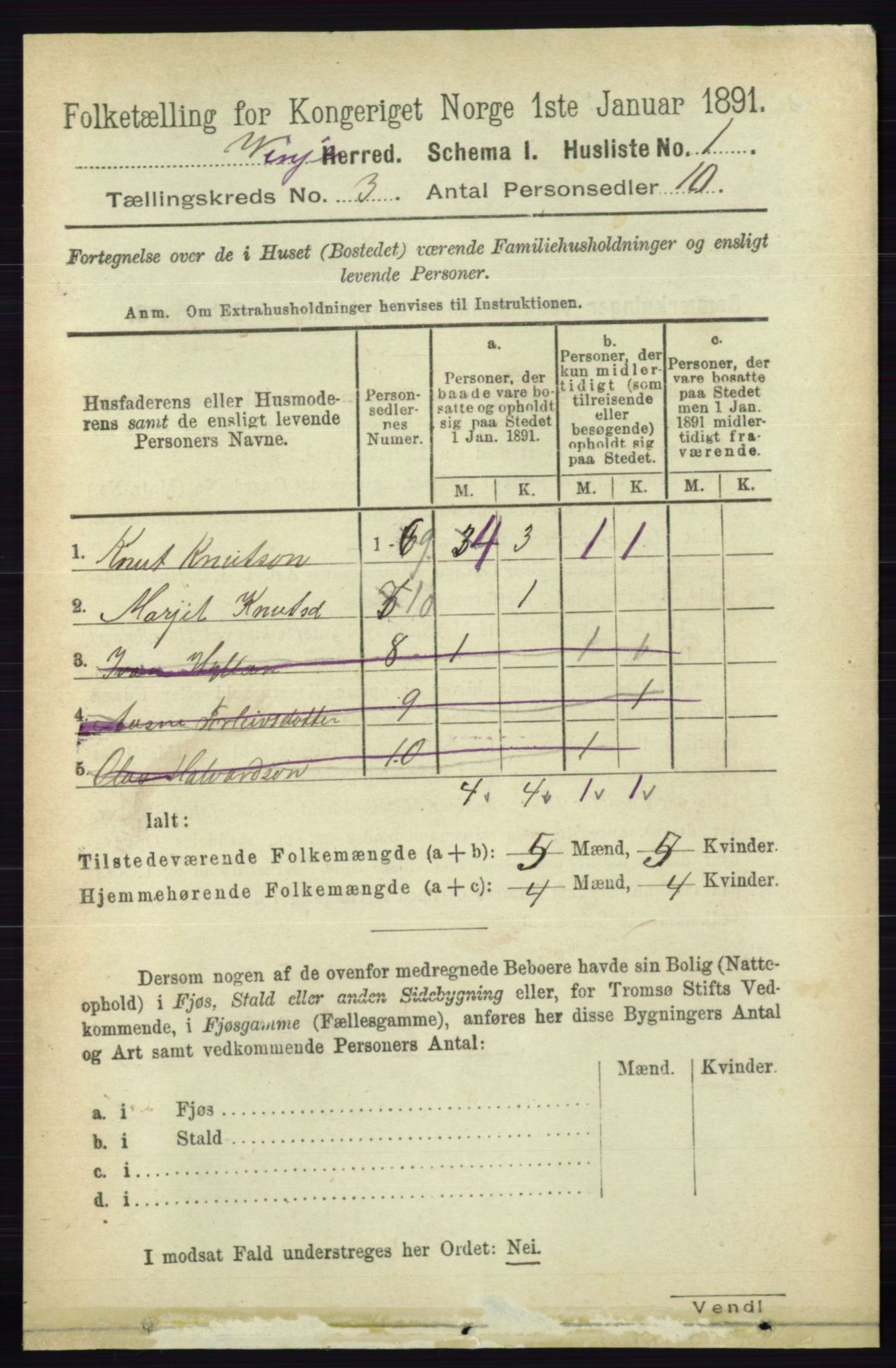 RA, 1891 census for 0834 Vinje, 1891, p. 601