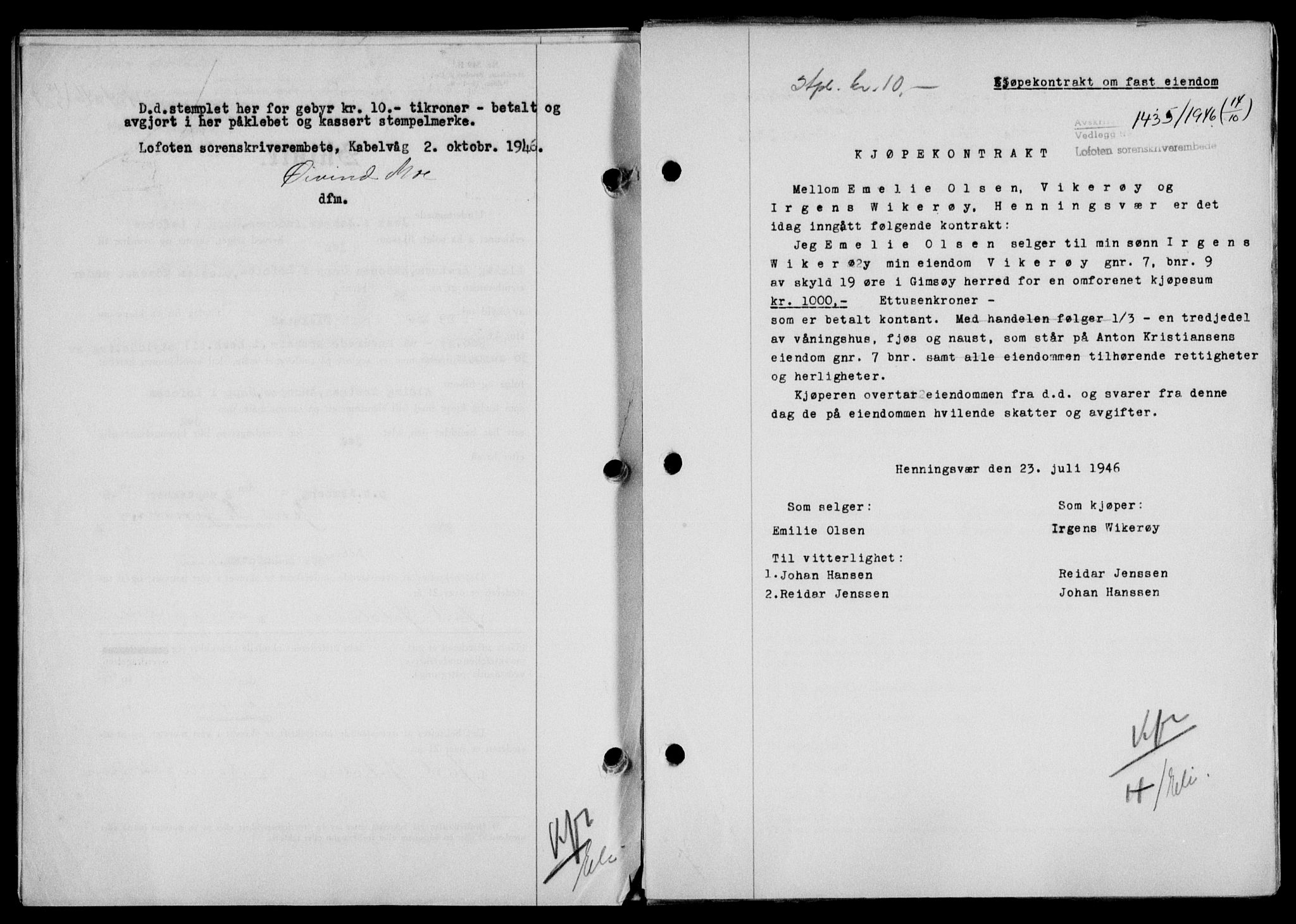Lofoten sorenskriveri, SAT/A-0017/1/2/2C/L0014a: Mortgage book no. 14a, 1946-1946, Diary no: : 1435/1946