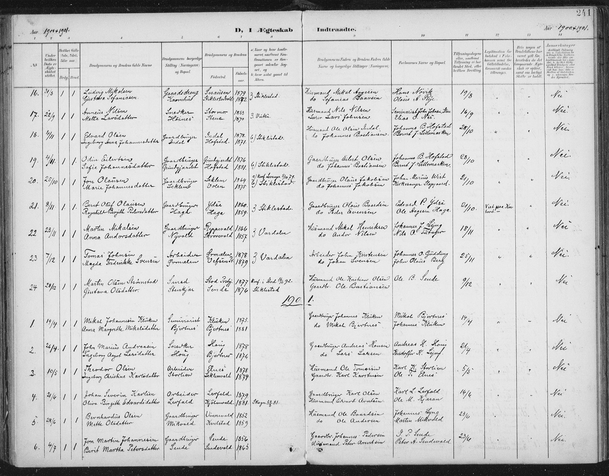 Ministerialprotokoller, klokkerbøker og fødselsregistre - Nord-Trøndelag, SAT/A-1458/723/L0246: Parish register (official) no. 723A15, 1900-1917, p. 241