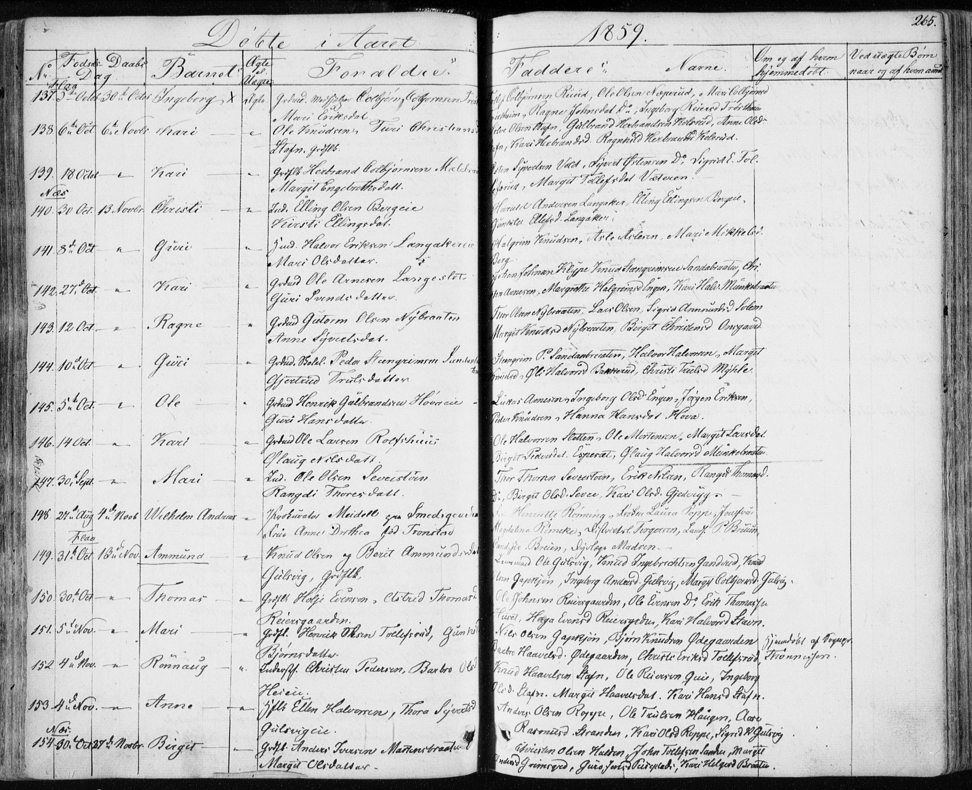 Nes kirkebøker, AV/SAKO-A-236/F/Fa/L0009: Parish register (official) no. 9, 1834-1863, p. 265