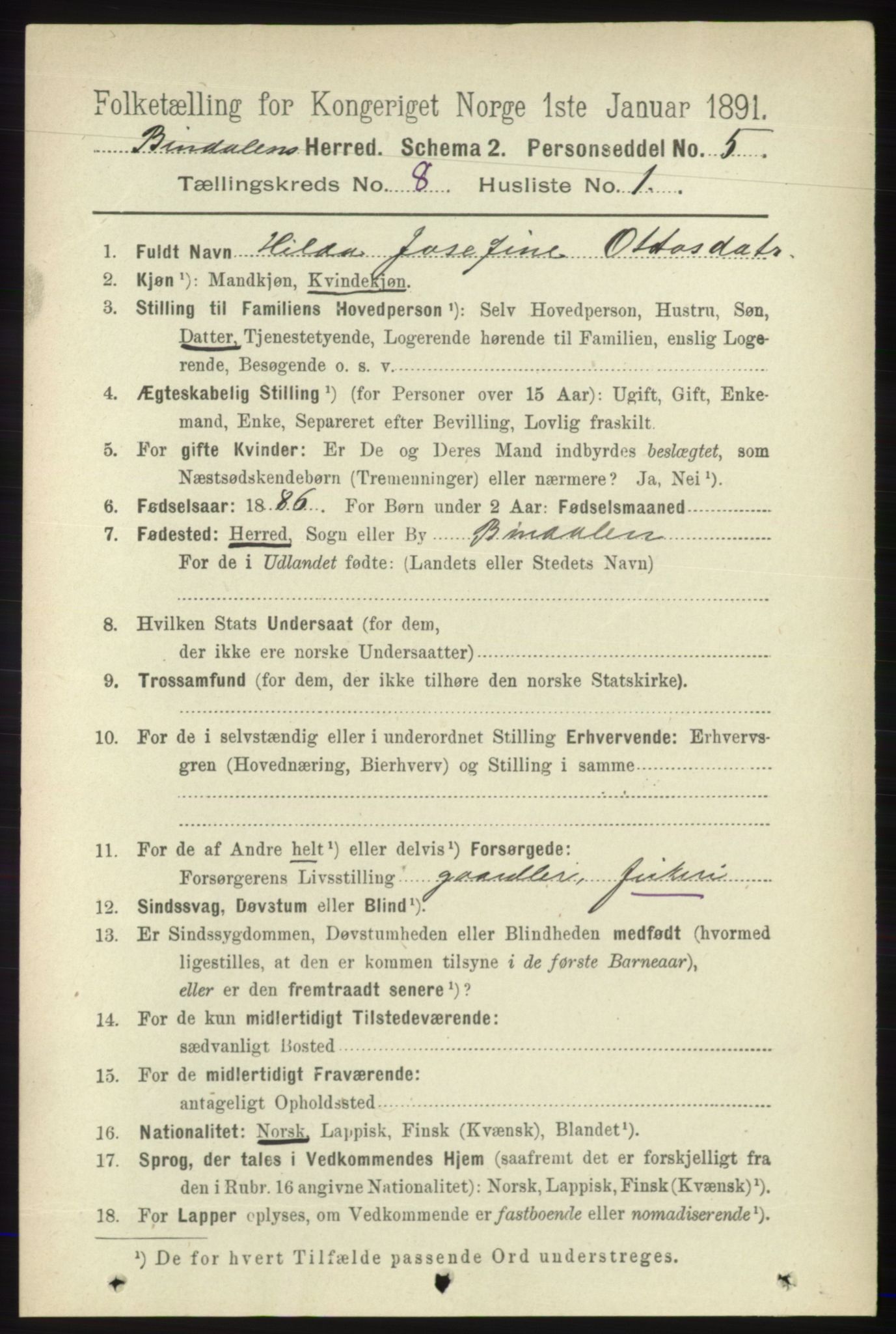 RA, 1891 census for 1811 Bindal, 1891, p. 2614