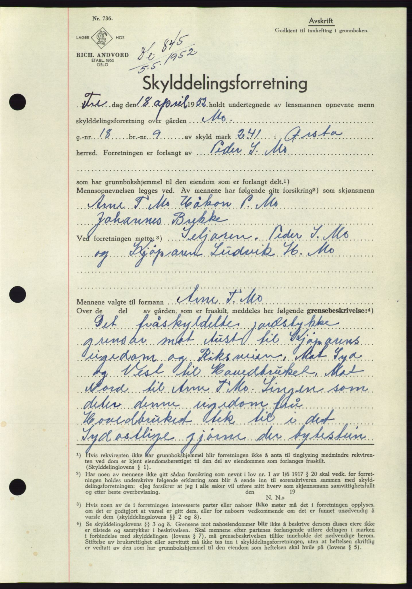 Søre Sunnmøre sorenskriveri, AV/SAT-A-4122/1/2/2C/L0092: Mortgage book no. 18A, 1952-1952, Diary no: : 845/1952