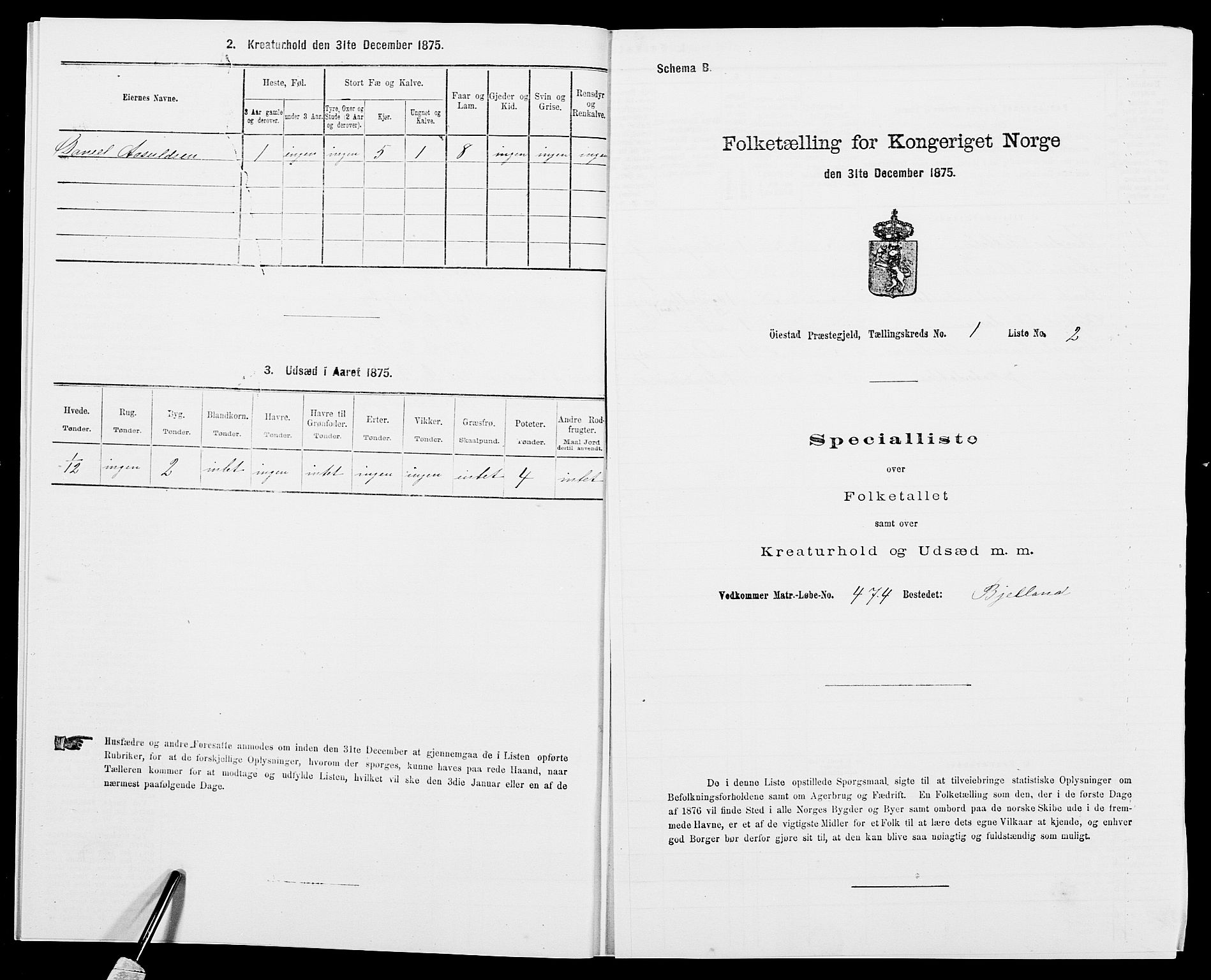 SAK, 1875 census for 0920P Øyestad, 1875, p. 60