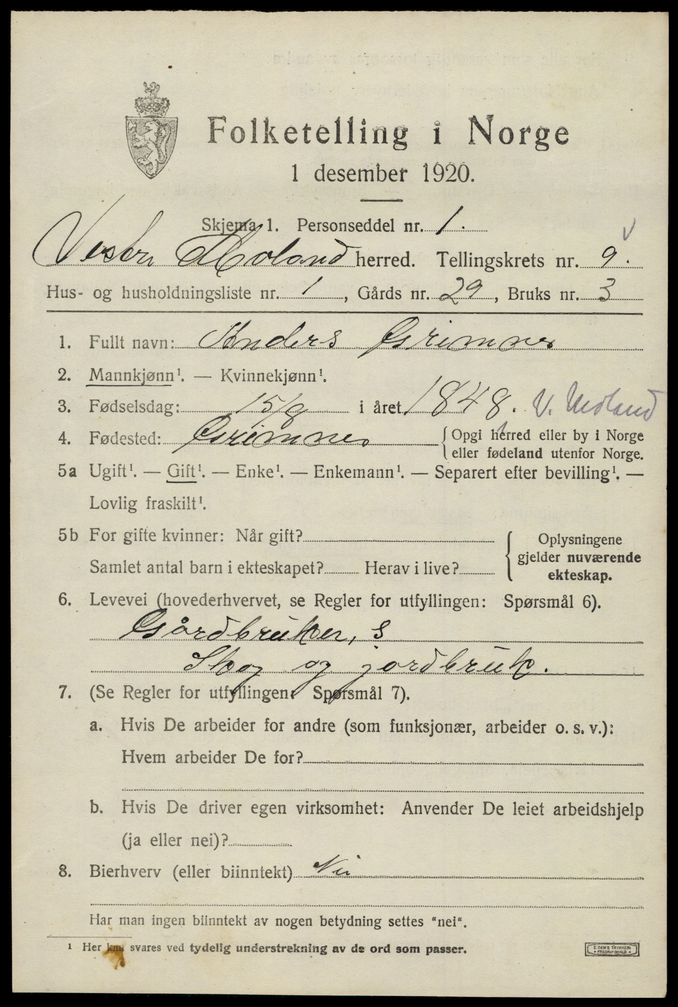 SAK, 1920 census for Vestre Moland, 1920, p. 5491