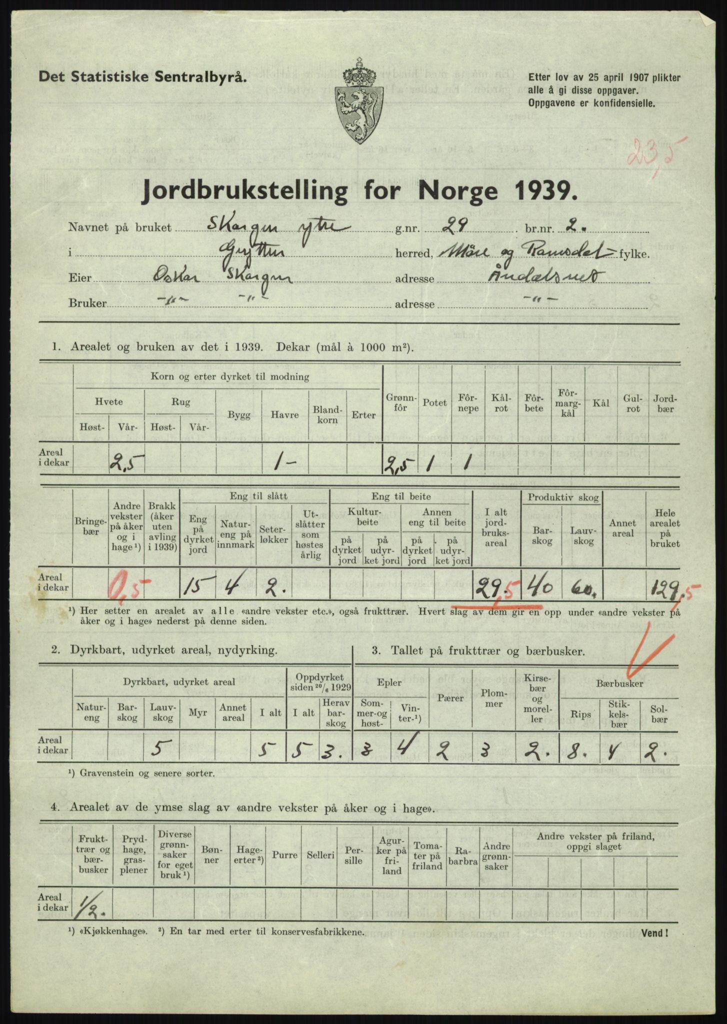 Statistisk sentralbyrå, Næringsøkonomiske emner, Jordbruk, skogbruk, jakt, fiske og fangst, AV/RA-S-2234/G/Gb/L0251: Møre og Romsdal: Voll, Eid, Grytten og Hen, 1939, p. 637