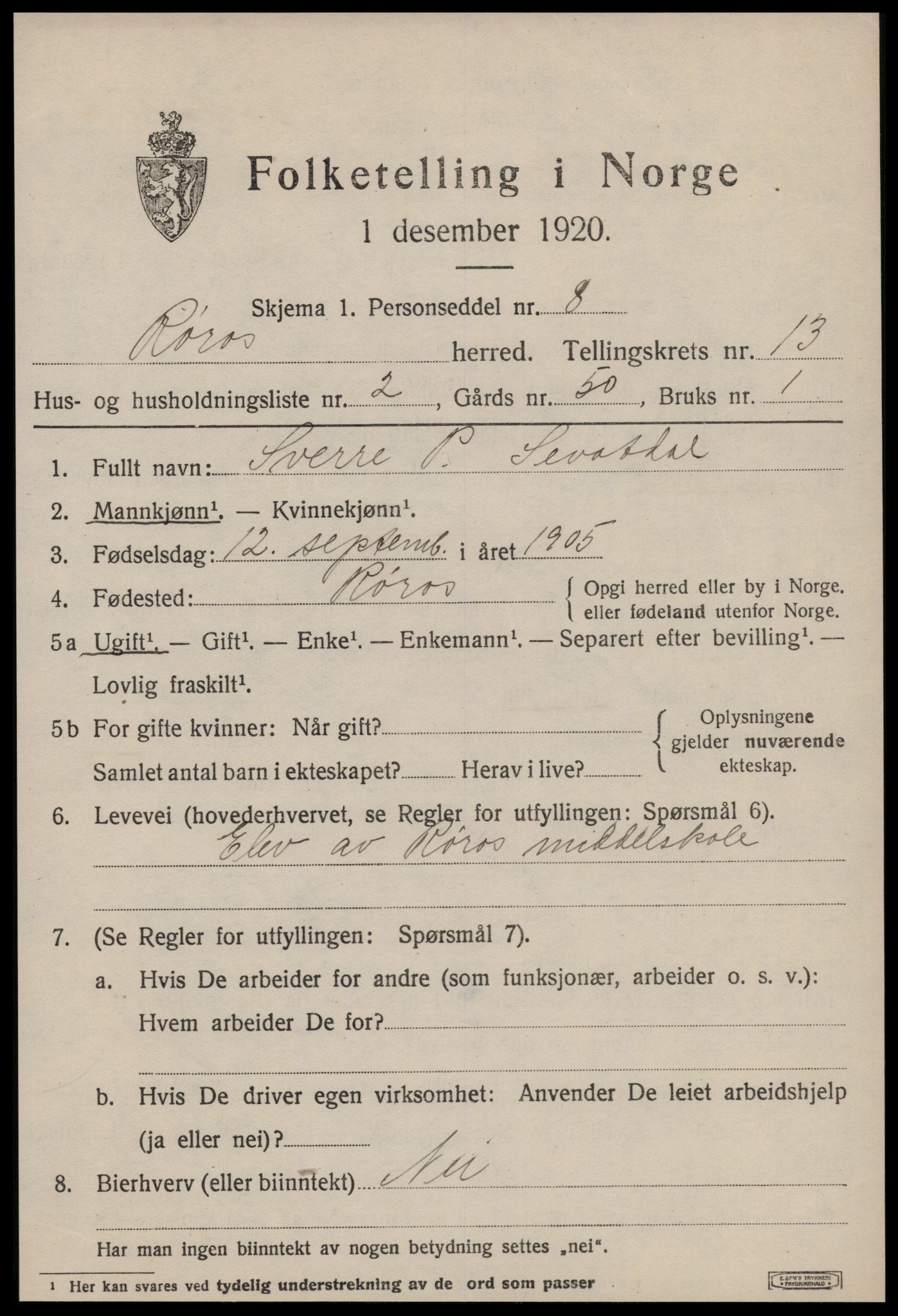 SAT, 1920 census for Røros, 1920, p. 9390