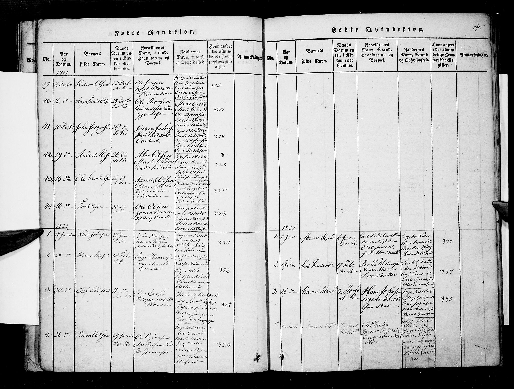 Søndeled sokneprestkontor, SAK/1111-0038/F/Fa/L0001: Parish register (official) no. A 1, 1816-1838, p. 19