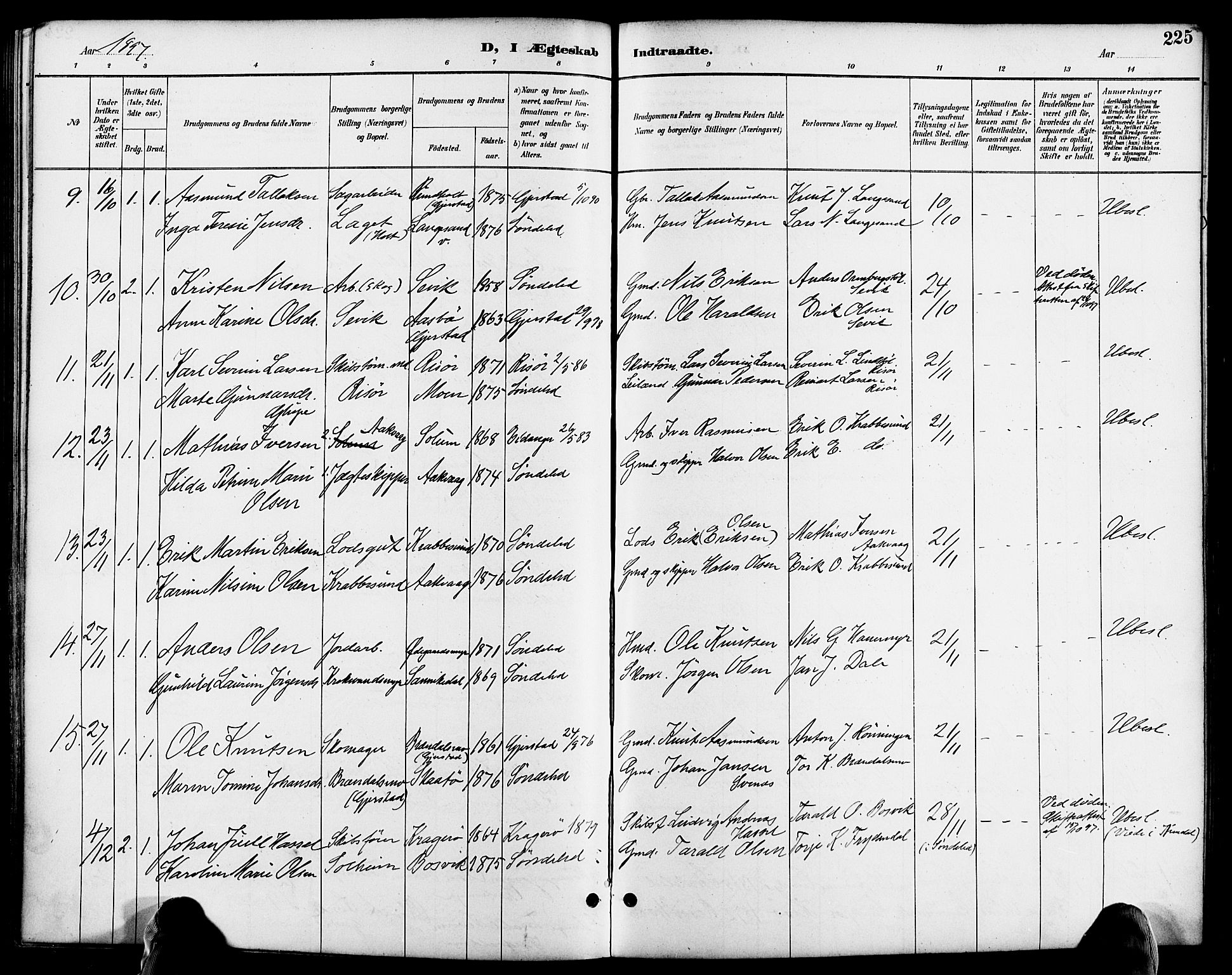 Søndeled sokneprestkontor, SAK/1111-0038/F/Fa/L0005: Parish register (official) no. A 5, 1889-1899, p. 225