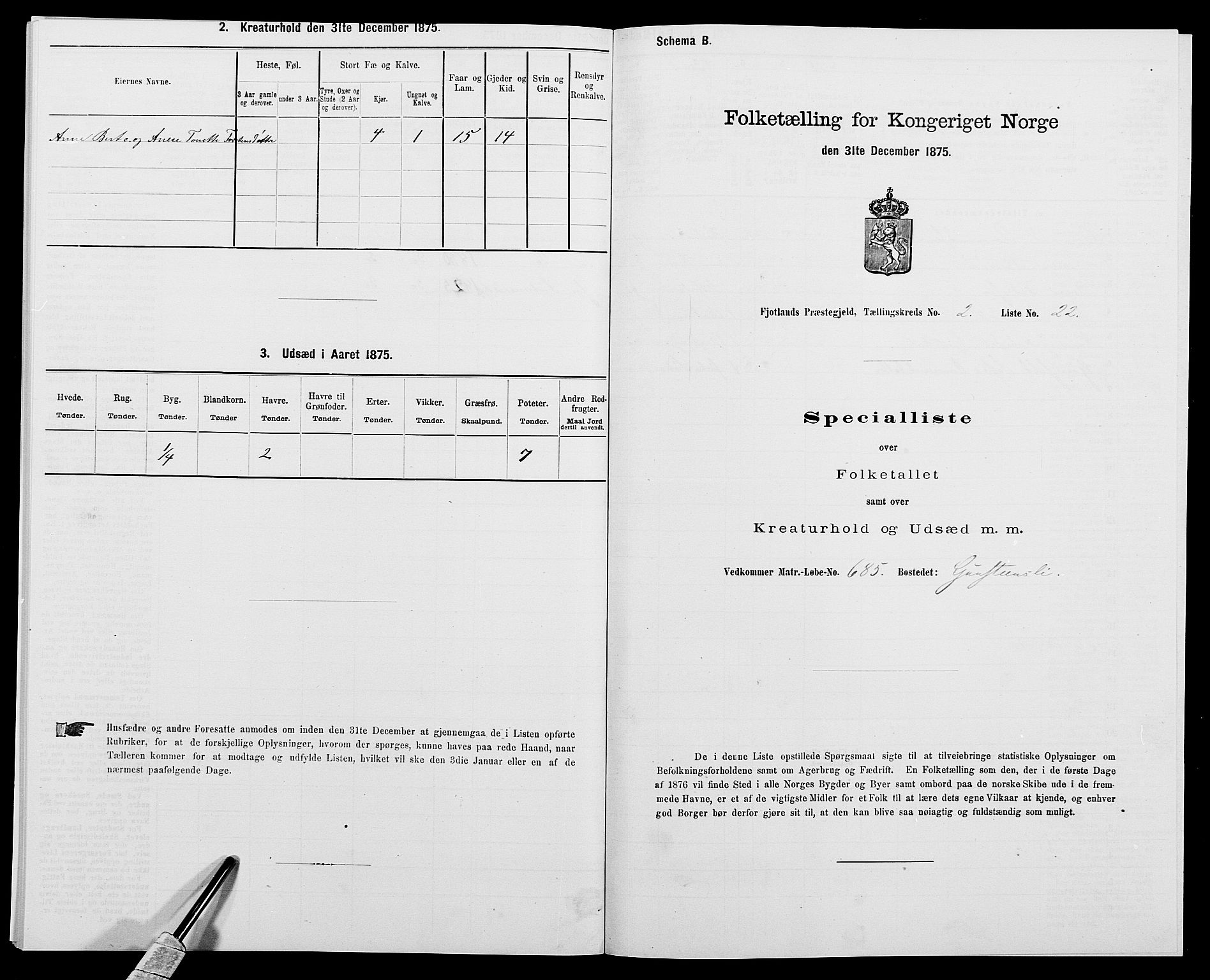 SAK, 1875 census for 1036P Fjotland, 1875, p. 157