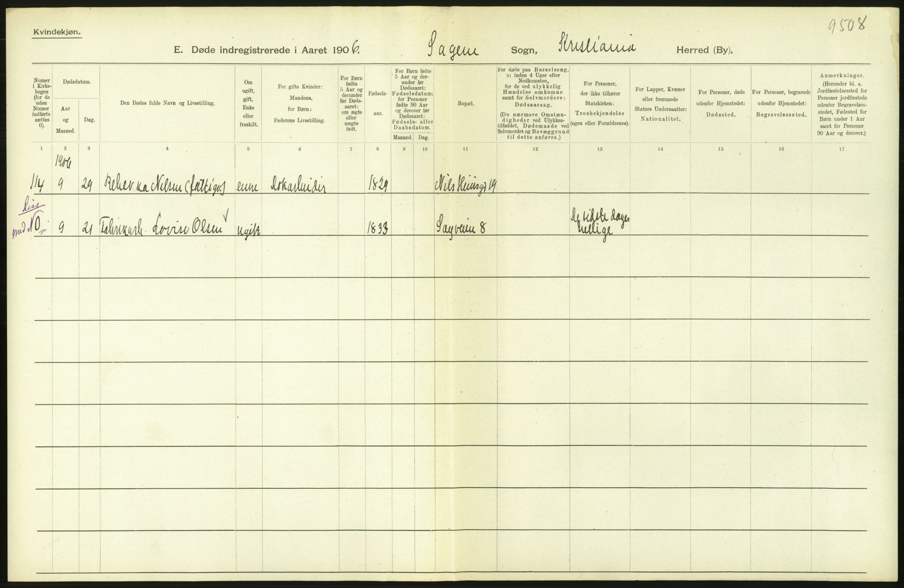 Statistisk sentralbyrå, Sosiodemografiske emner, Befolkning, RA/S-2228/D/Df/Dfa/Dfad/L0010: Kristiania: Døde, dødfødte, 1906, p. 222