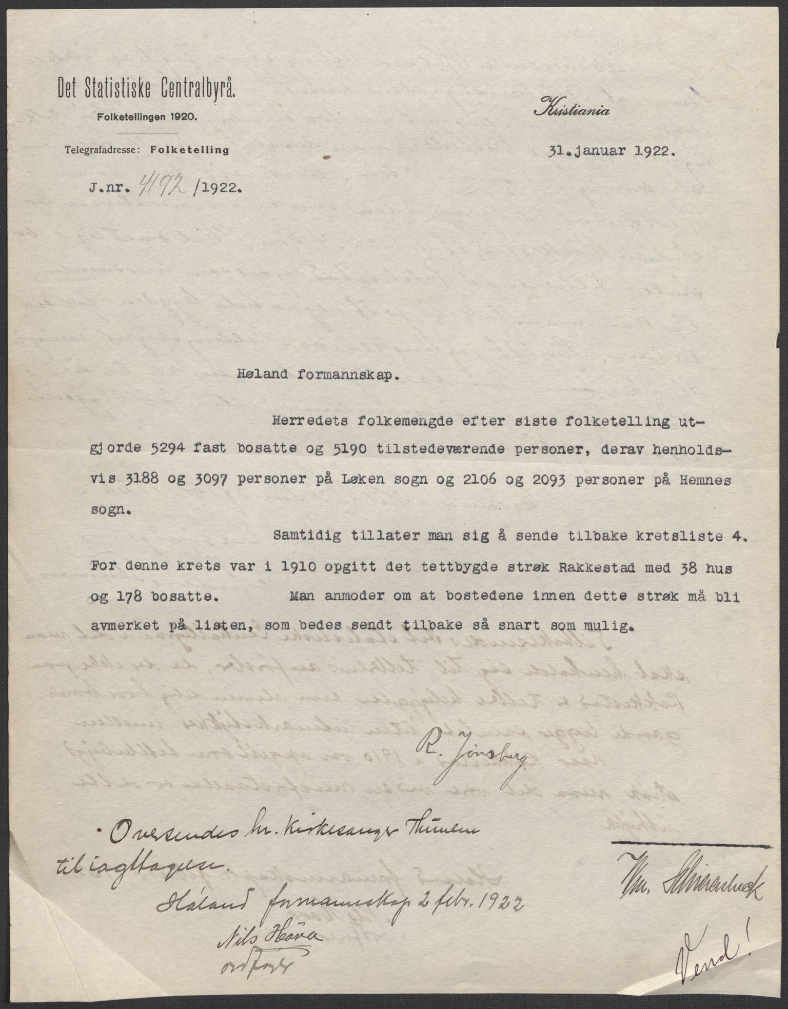 SAO, 1920 census for Høland, 1920, p. 1