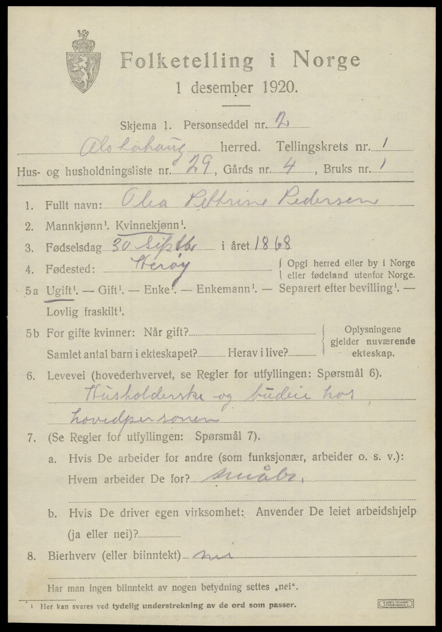 SAT, 1920 census for Alstahaug, 1920, p. 835