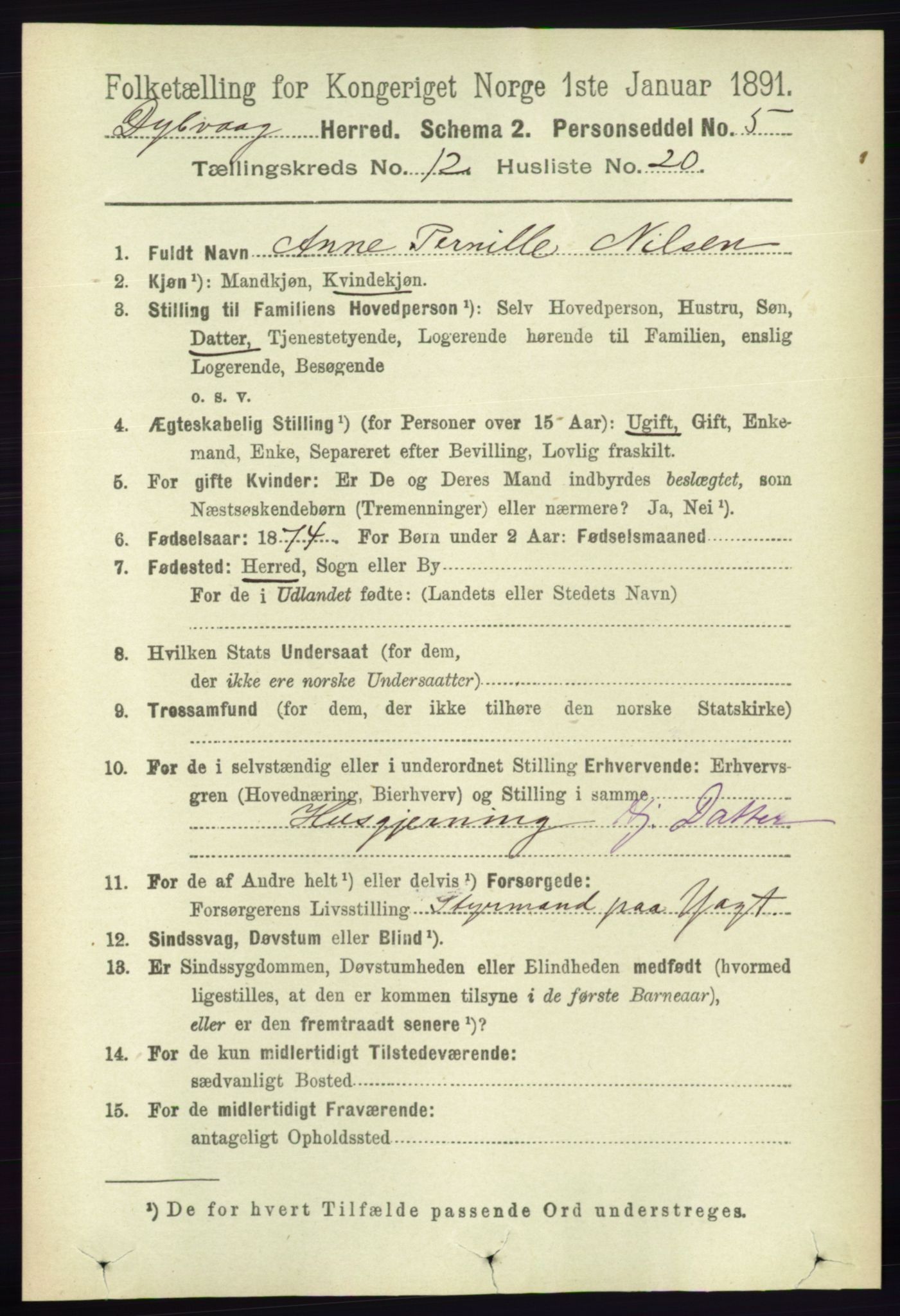 RA, 1891 census for 0915 Dypvåg, 1891, p. 4857
