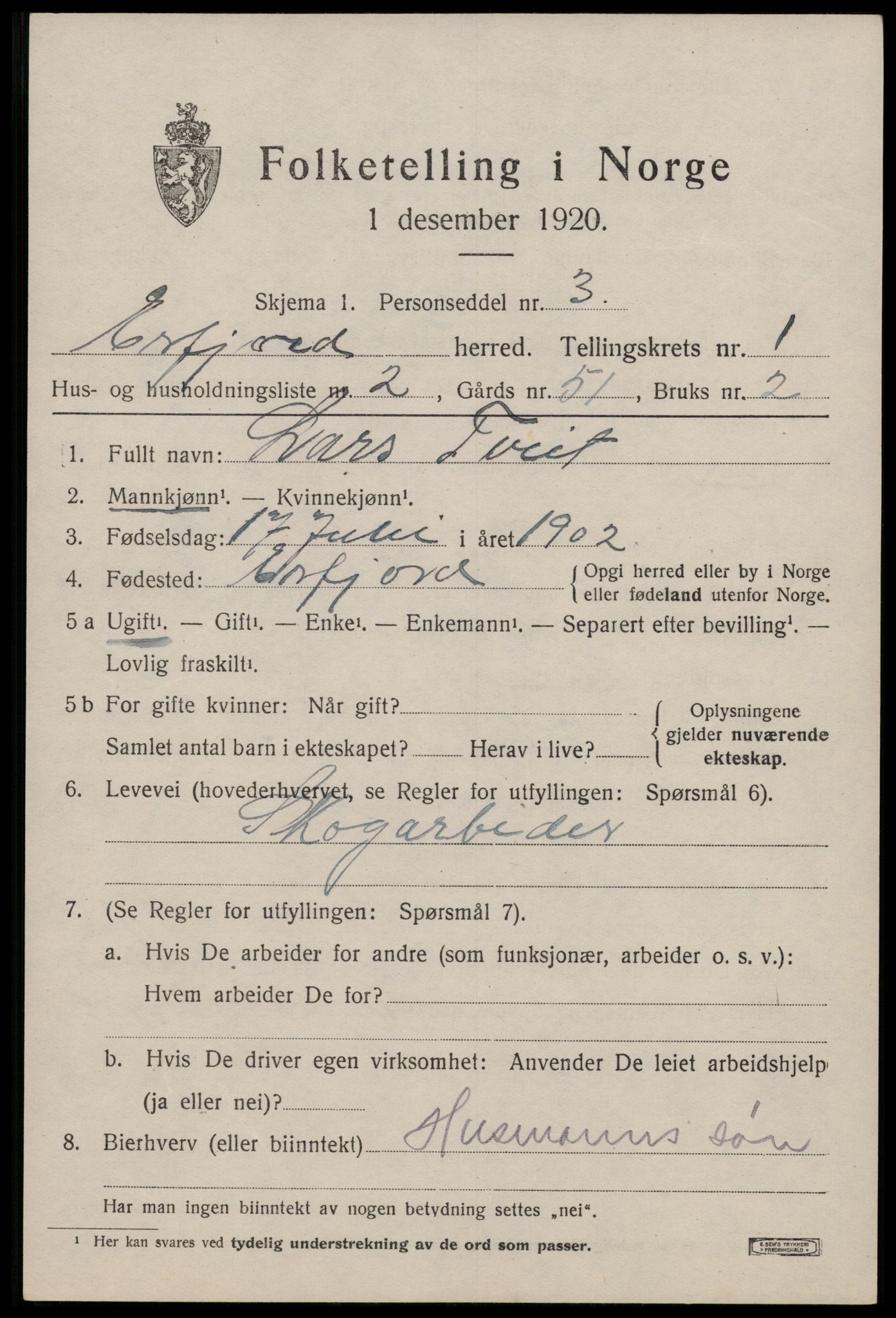 SAST, 1920 census for Erfjord, 1920, p. 287