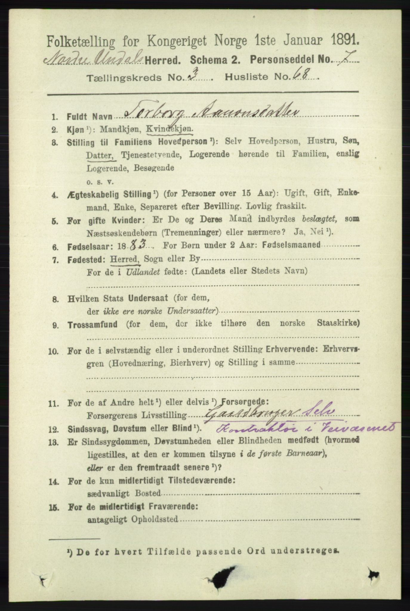 RA, 1891 census for 1028 Nord-Audnedal, 1891, p. 1076