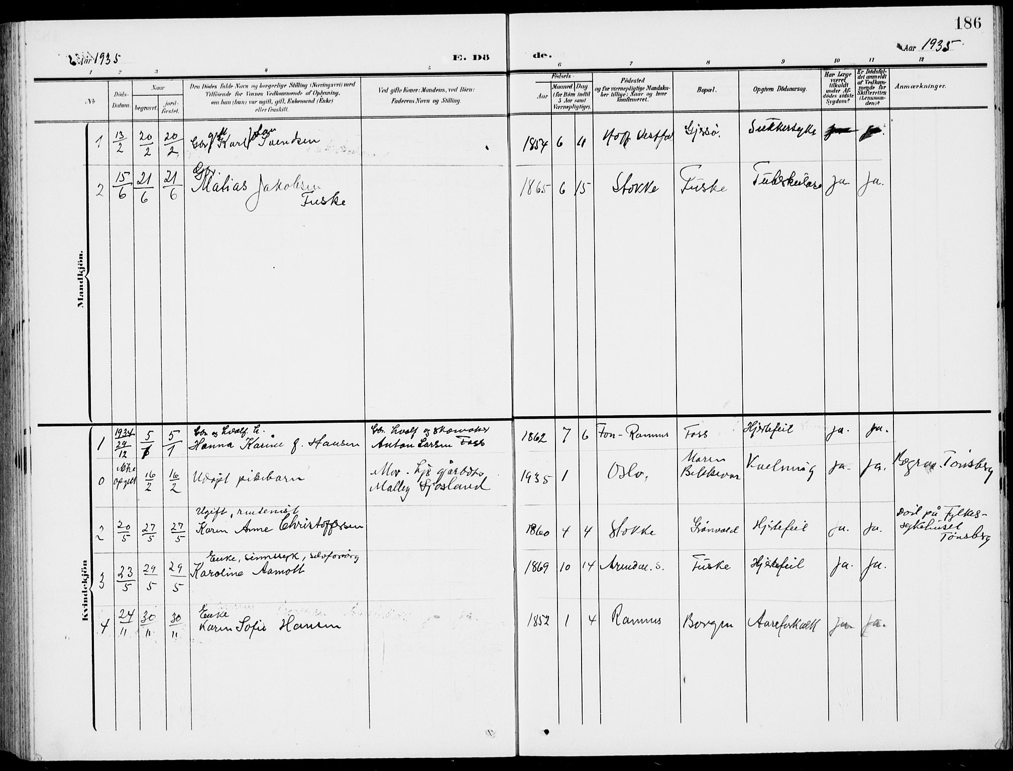 Stokke kirkebøker, AV/SAKO-A-320/G/Gc/L0001: Parish register (copy) no. III 1, 1904-1935, p. 186