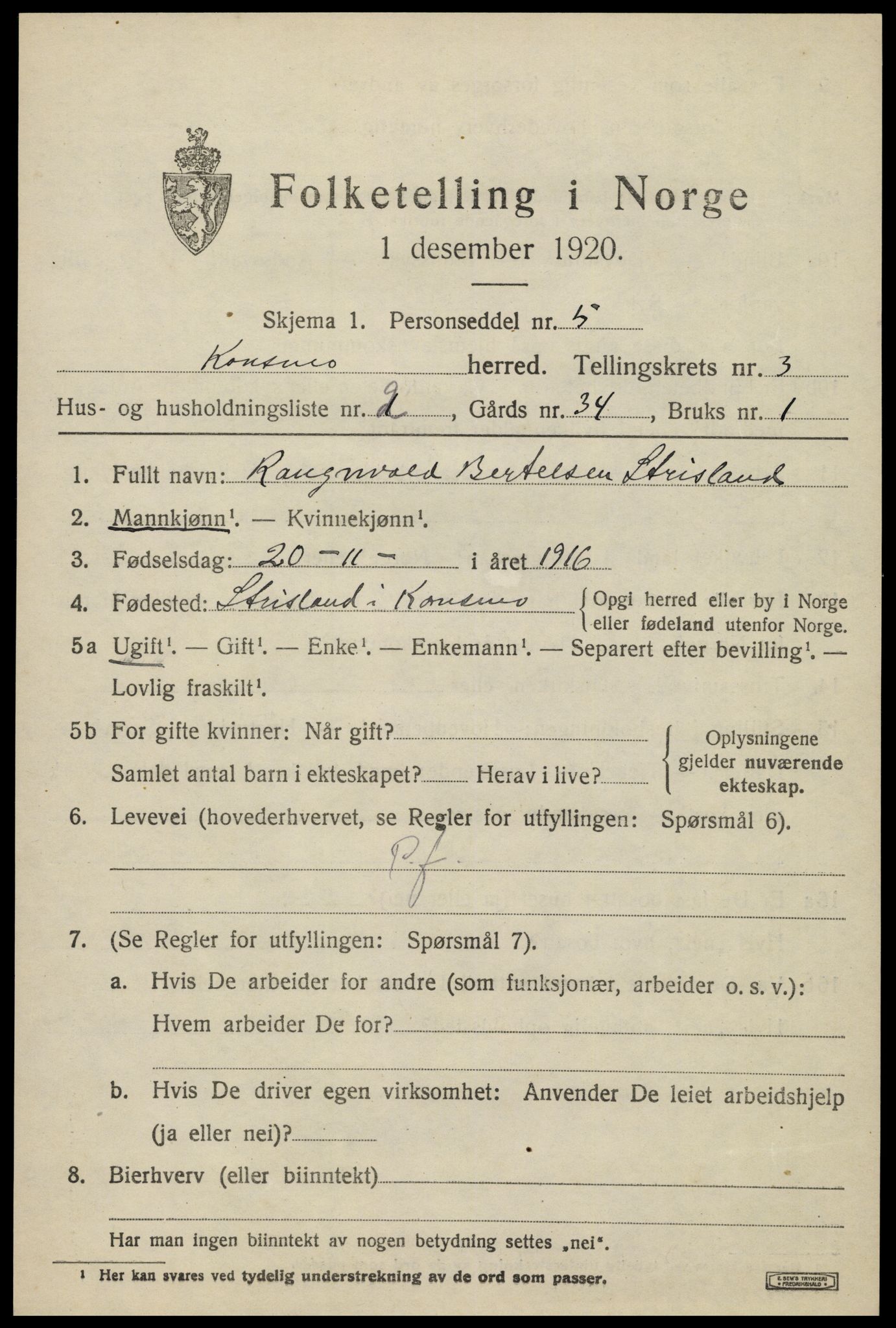 SAK, 1920 census for Konsmo, 1920, p. 1140