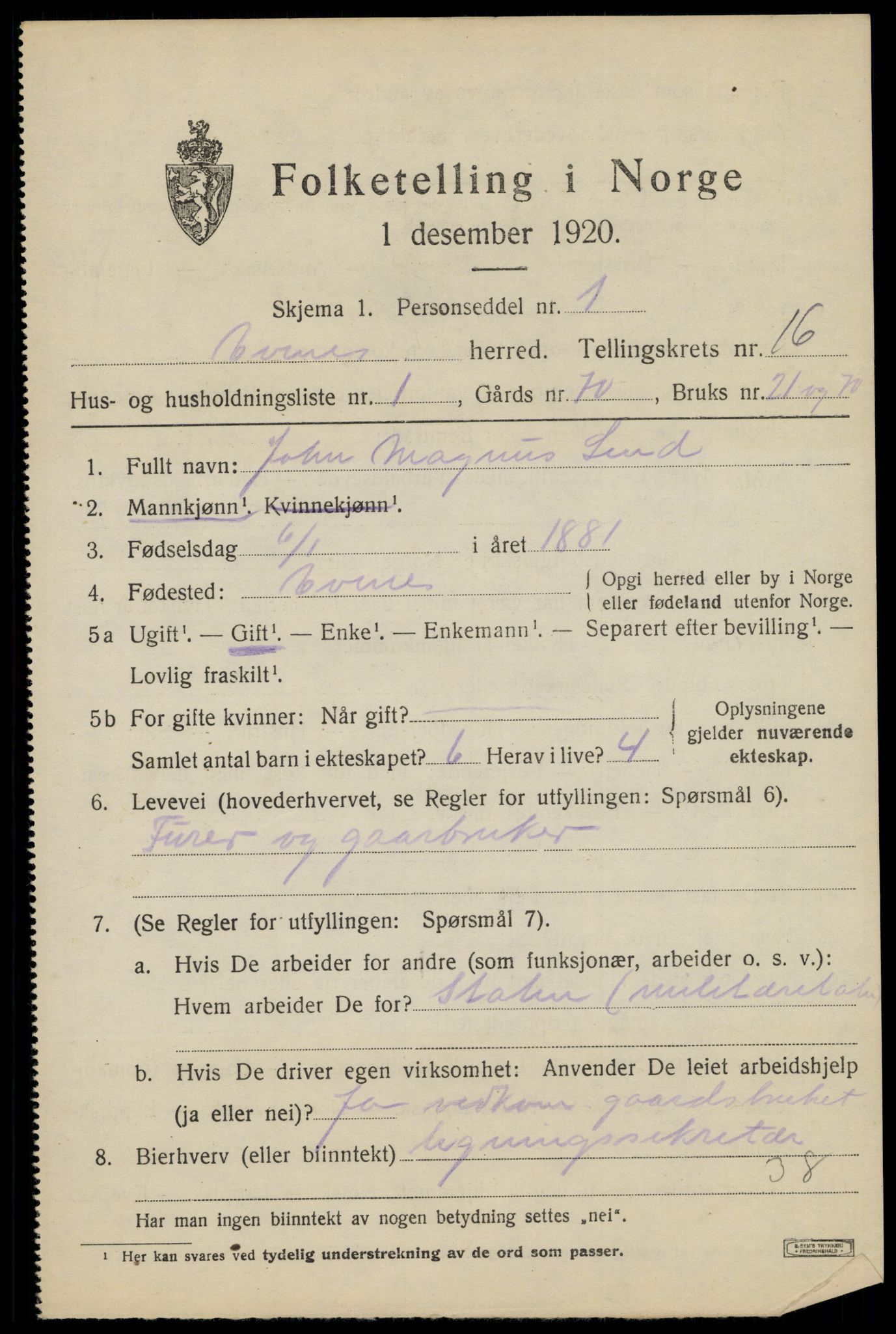SAT, 1920 census for Evenes, 1920, p. 13182