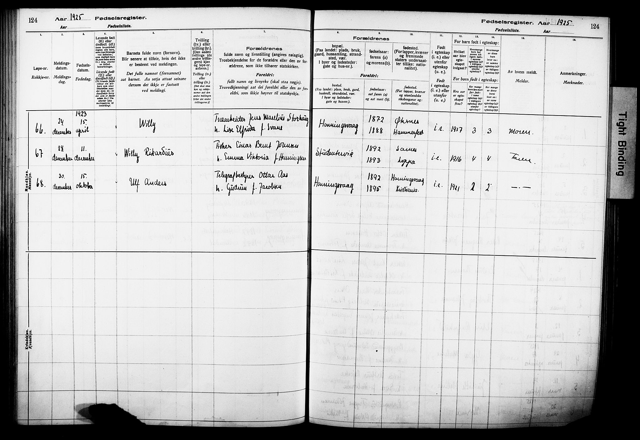 Kjelvik/Nordkapp sokneprestkontor, AV/SATØ-S-1350/I/Ia/L0015: Birth register no. 15, 1916-1930, p. 124