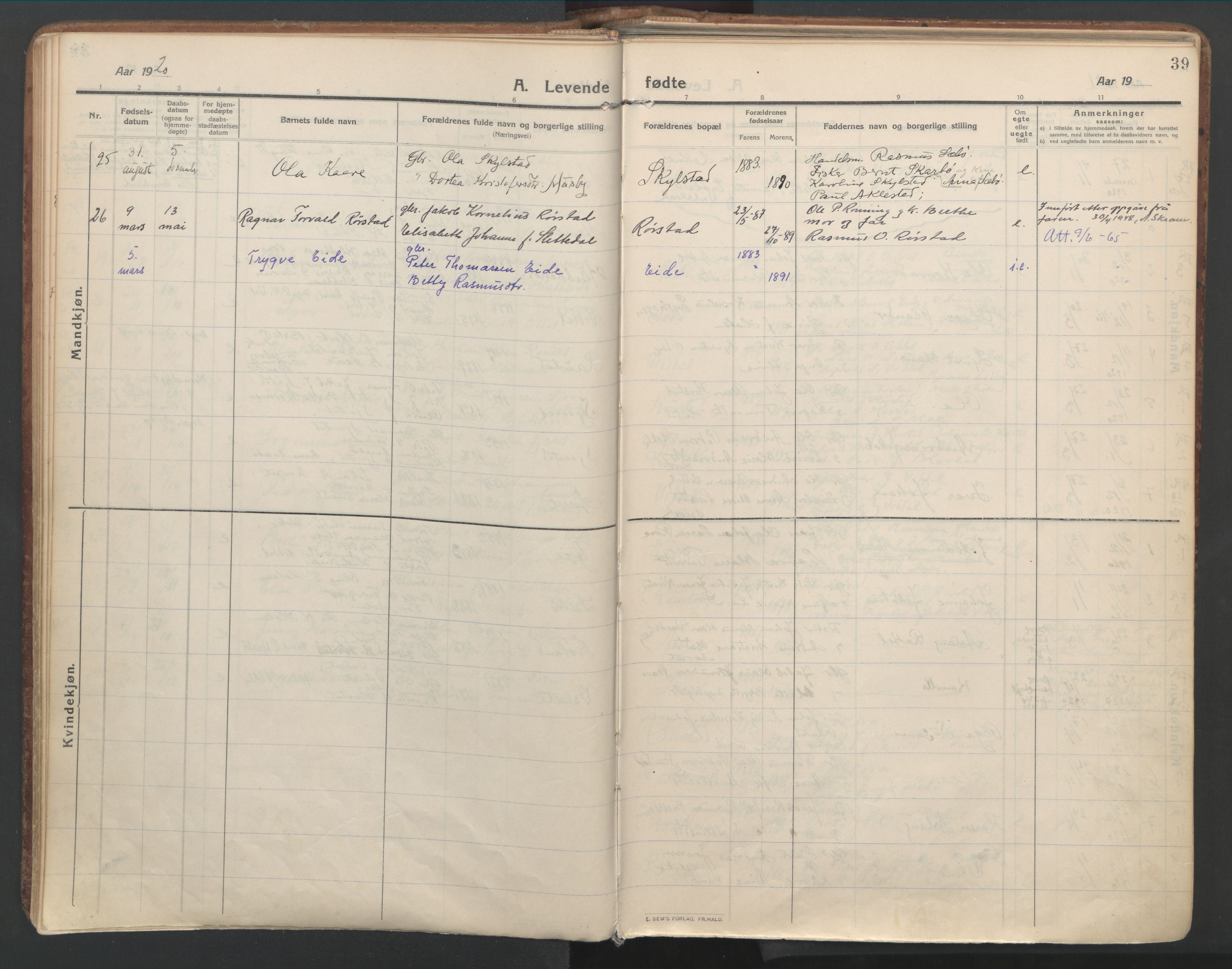 Ministerialprotokoller, klokkerbøker og fødselsregistre - Møre og Romsdal, SAT/A-1454/515/L0212: Parish register (official) no. 515A08, 1911-1935, p. 39