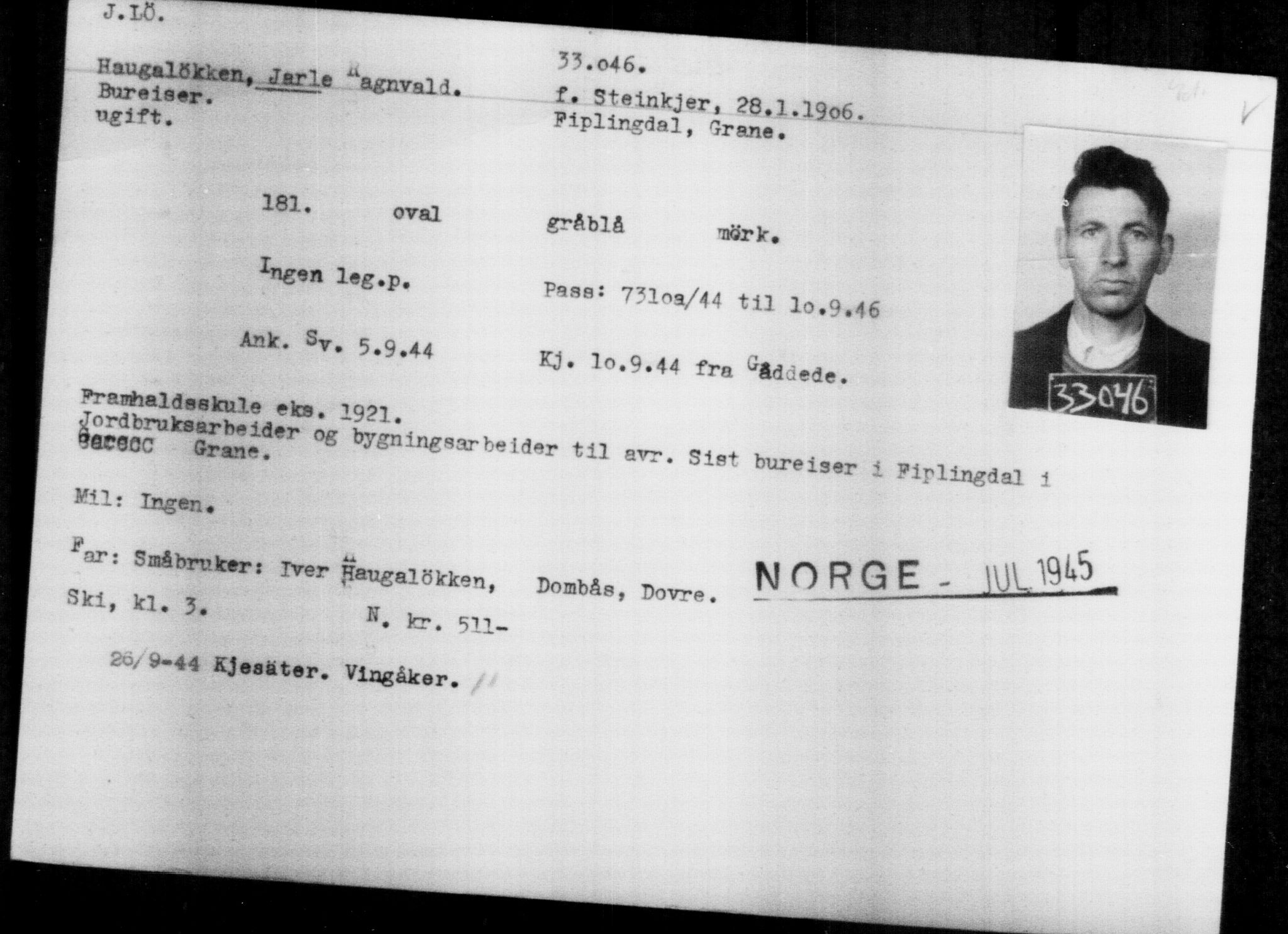 Utenriksstasjonene, Legasjonen i Stockholm, Flyktningkontoret, AV/RA-S-6753/V/Va/L0013: Kjesäterkartoteket, flyktninger med registreringsnr. 31500-34731, 1940-1945, p. 1620