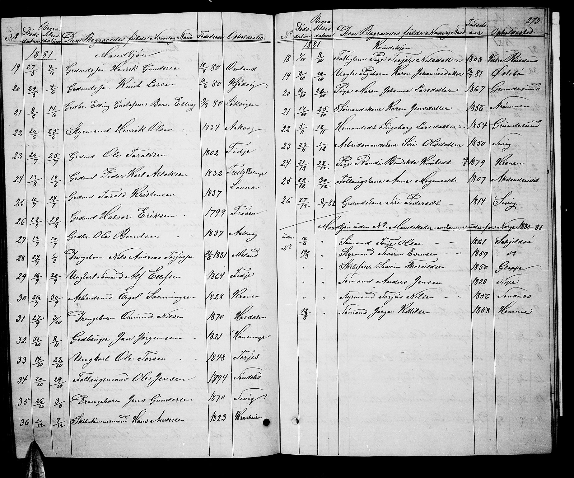 Søndeled sokneprestkontor, SAK/1111-0038/F/Fb/L0004: Parish register (copy) no. B 4, 1857-1884, p. 273