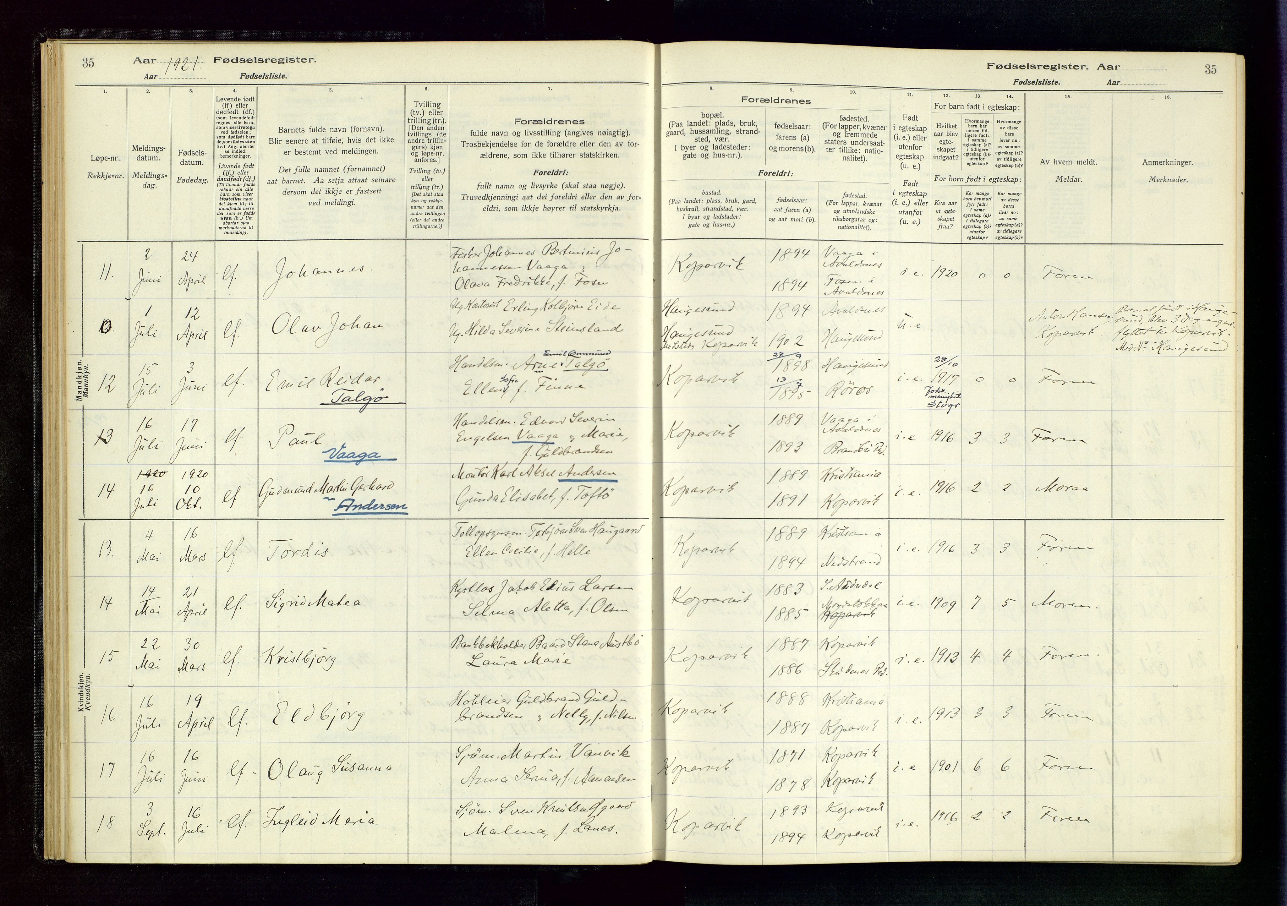 Kopervik sokneprestkontor, AV/SAST-A-101850/I/Id/L0001: Birth register no. 1, 1916-1952, p. 35