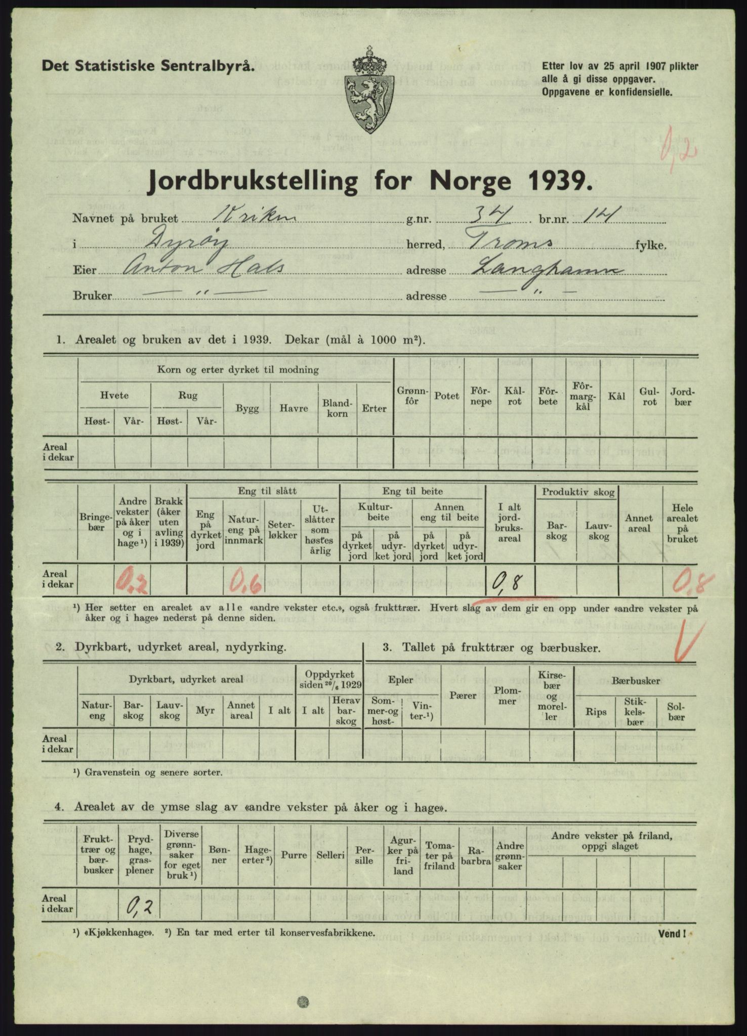 Statistisk sentralbyrå, Næringsøkonomiske emner, Jordbruk, skogbruk, jakt, fiske og fangst, AV/RA-S-2234/G/Gb/L0340: Troms: Salangen og Dyrøy, 1939, p. 838