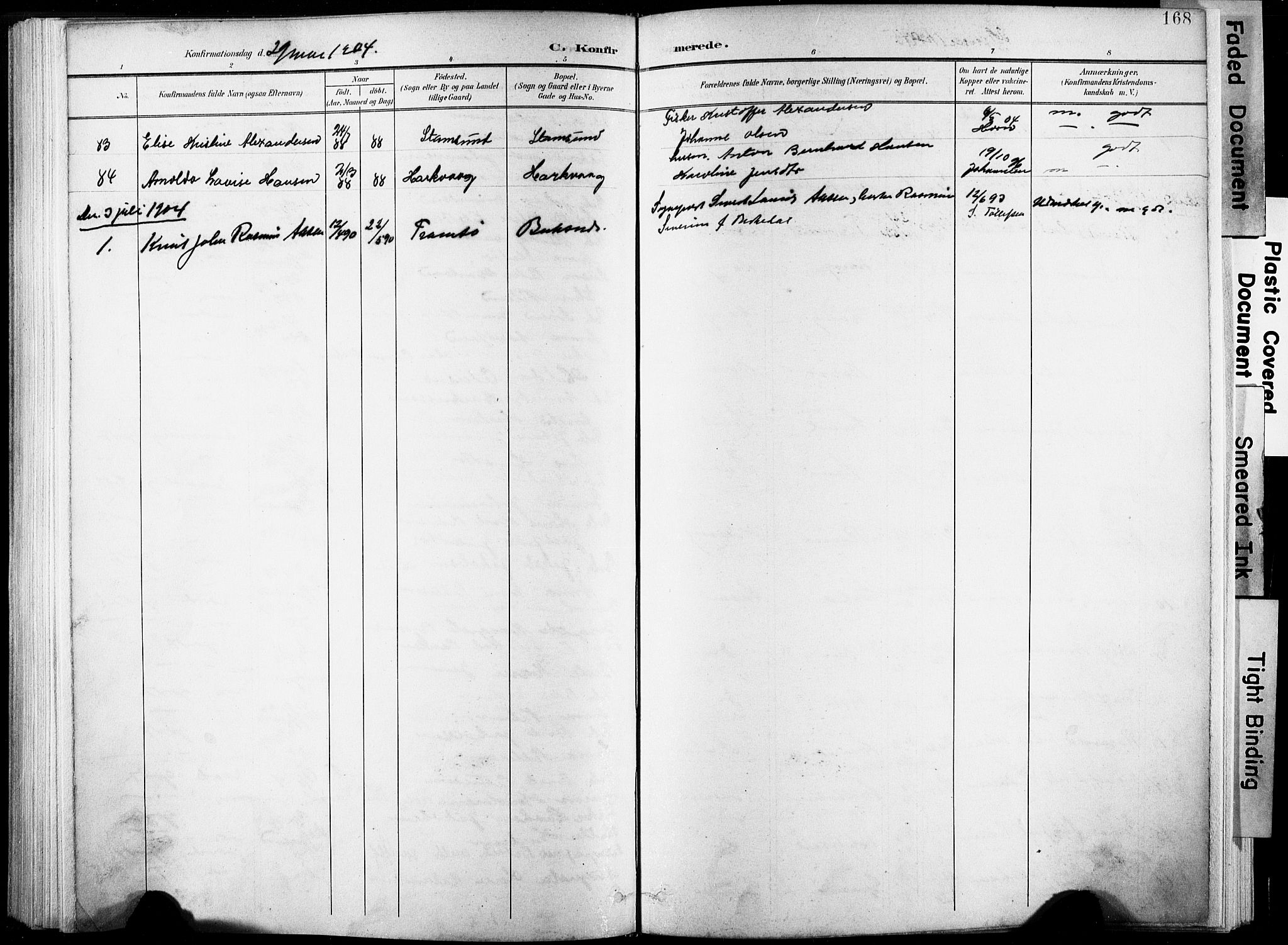 Ministerialprotokoller, klokkerbøker og fødselsregistre - Nordland, AV/SAT-A-1459/881/L1151: Parish register (official) no. 881A04, 1899-1907, p. 168