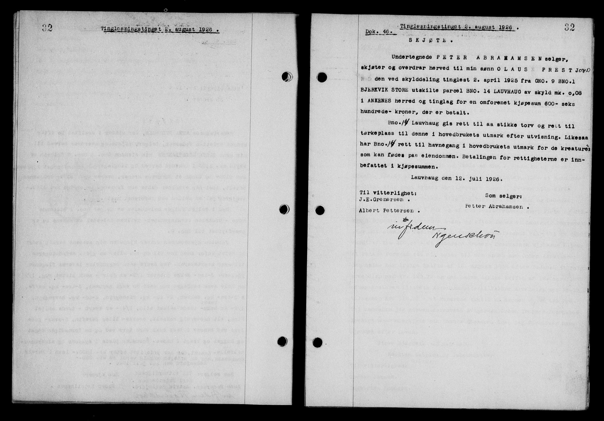 Steigen og Ofoten sorenskriveri, SAT/A-0030/1/2/2C/L0014: Mortgage book no. 13 og 15, 1926-1927, Deed date: 02.08.1926