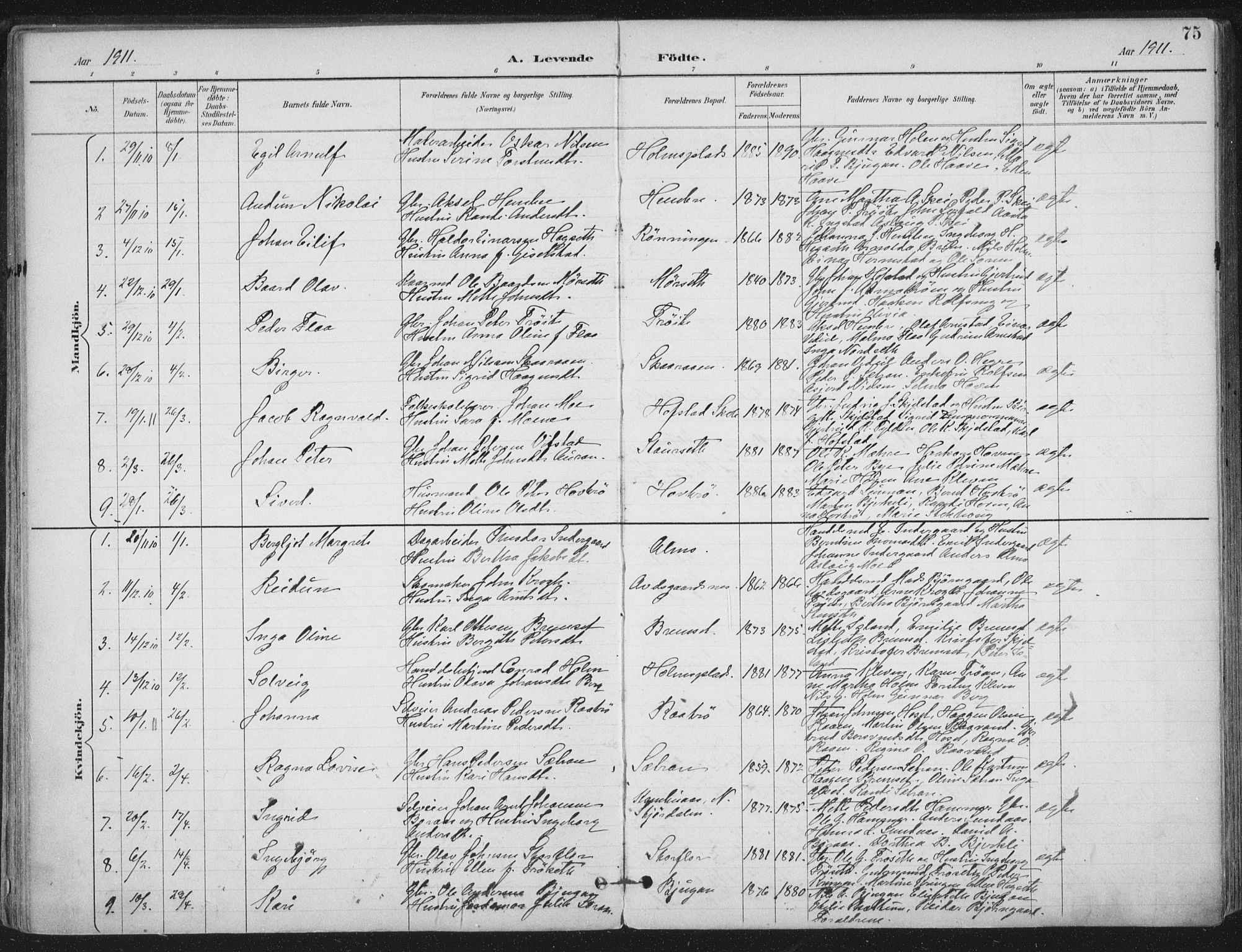 Ministerialprotokoller, klokkerbøker og fødselsregistre - Nord-Trøndelag, SAT/A-1458/703/L0031: Parish register (official) no. 703A04, 1893-1914, p. 75