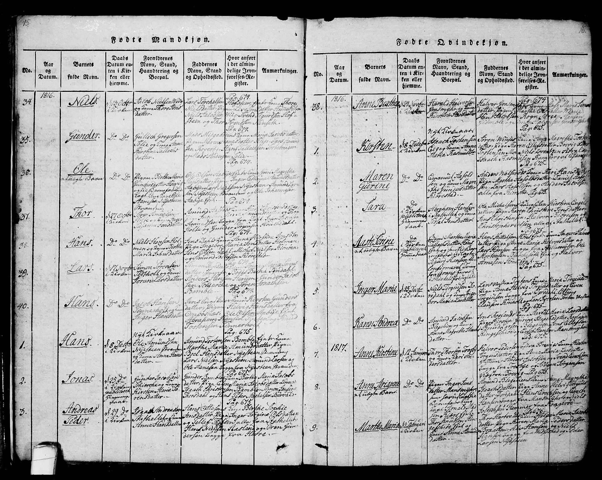 Bamble kirkebøker, SAKO/A-253/G/Ga/L0005: Parish register (copy) no. I 5, 1814-1855, p. 15-16