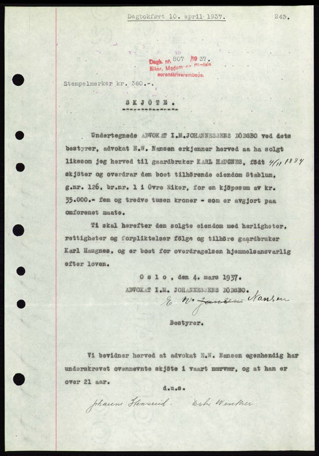 Eiker, Modum og Sigdal sorenskriveri, SAKO/A-123/G/Ga/Gab/L0035: Mortgage book no. A5, 1937-1937, Diary no: : 807/1937
